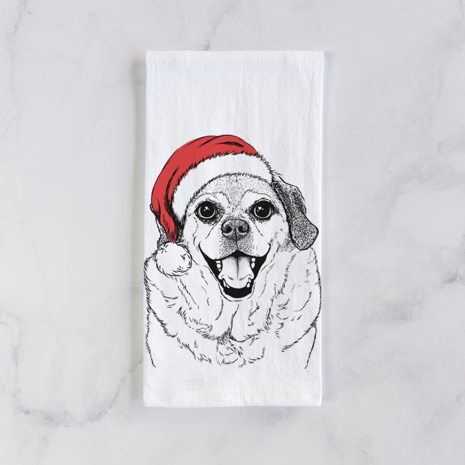 Hand-drawn sketch of Little Man the Puggle wearing a Santa hat on a tea towel