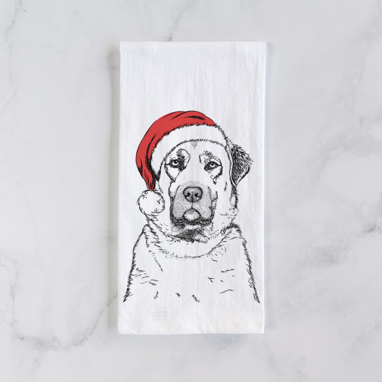Hand-drawn sketch of Loca the Anatolian Shepherd wearing a Santa hat on a tea towel