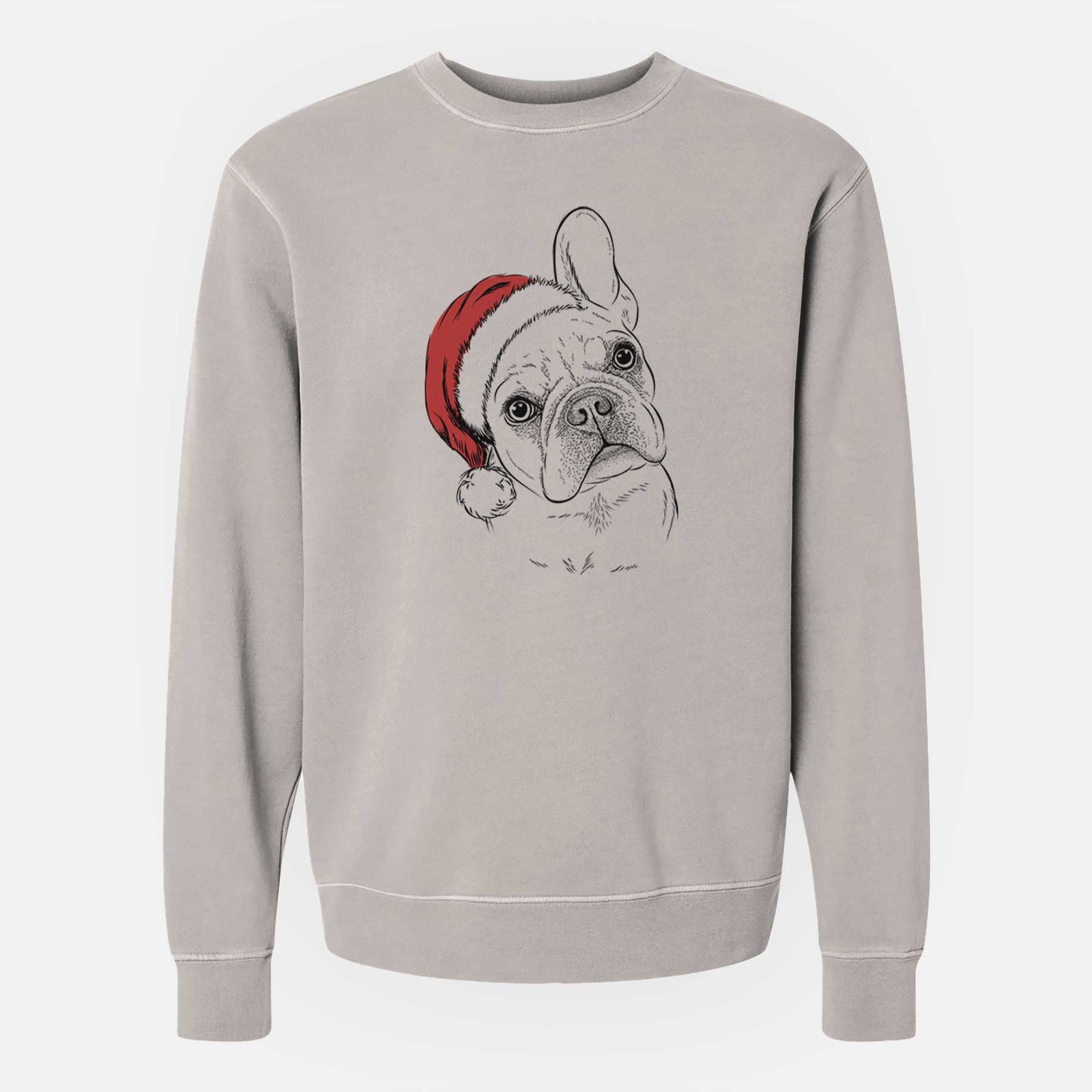 Hand-drawn sketch of Loki the French Bulldog wearing a Santa hat on a Cement Unisex pigment dyed crew sweatshirt