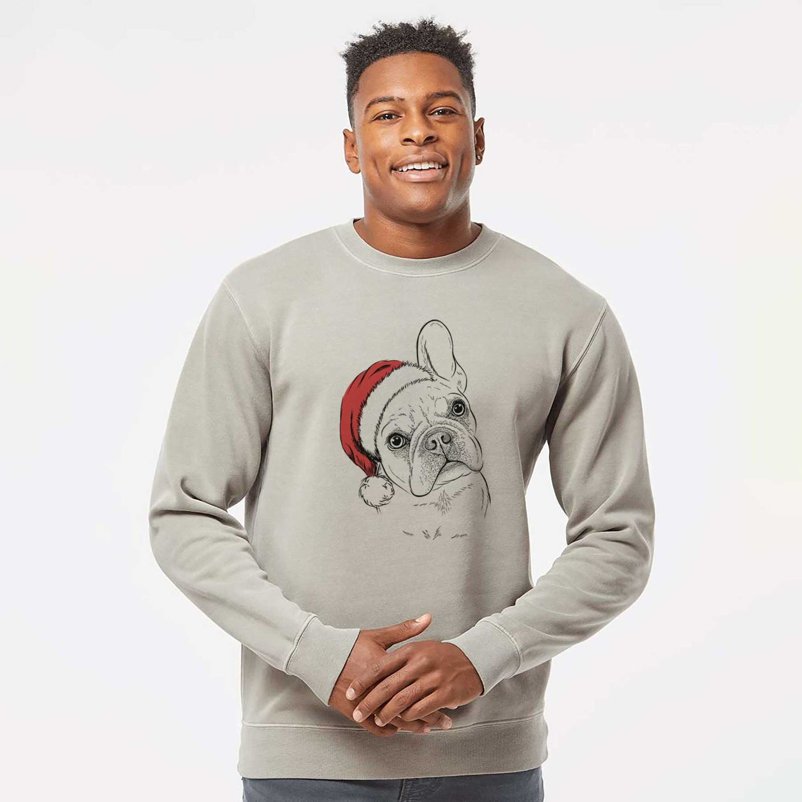Hand-drawn sketch of Loki the French Bulldog wearing a Santa hat on a Cement Unisex pigment dyed crew sweatshirt