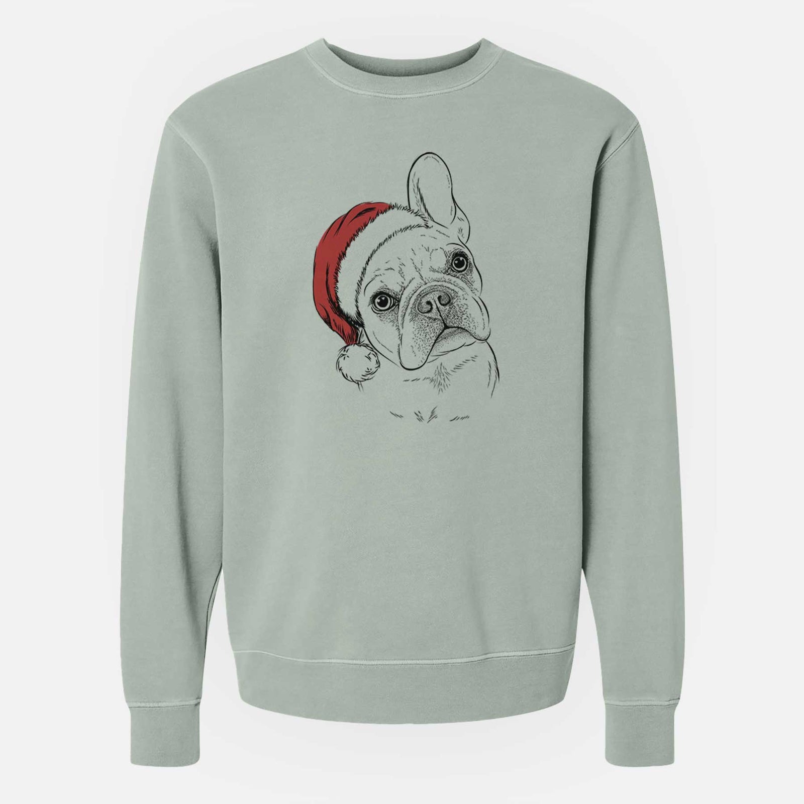Hand-drawn sketch of Loki the French Bulldog wearing a Santa hat on a Sage Unisex pigment dyed crew sweatshirt