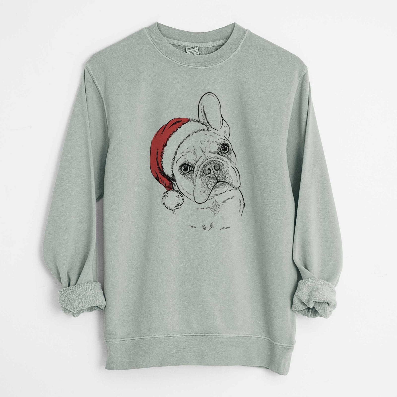 Hand-drawn sketch of Loki the French Bulldog wearing a Santa hat on a Sage Unisex pigment dyed crew sweatshirt