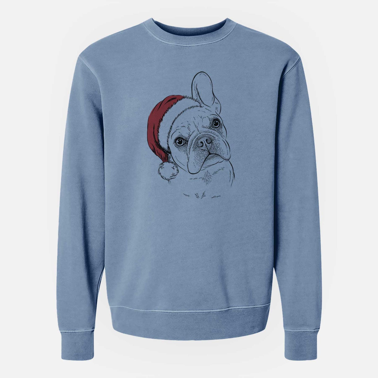 Hand-drawn sketch of Loki the French Bulldog wearing a Santa hat on a Slate Blue Unisex pigment dyed crew sweatshirt