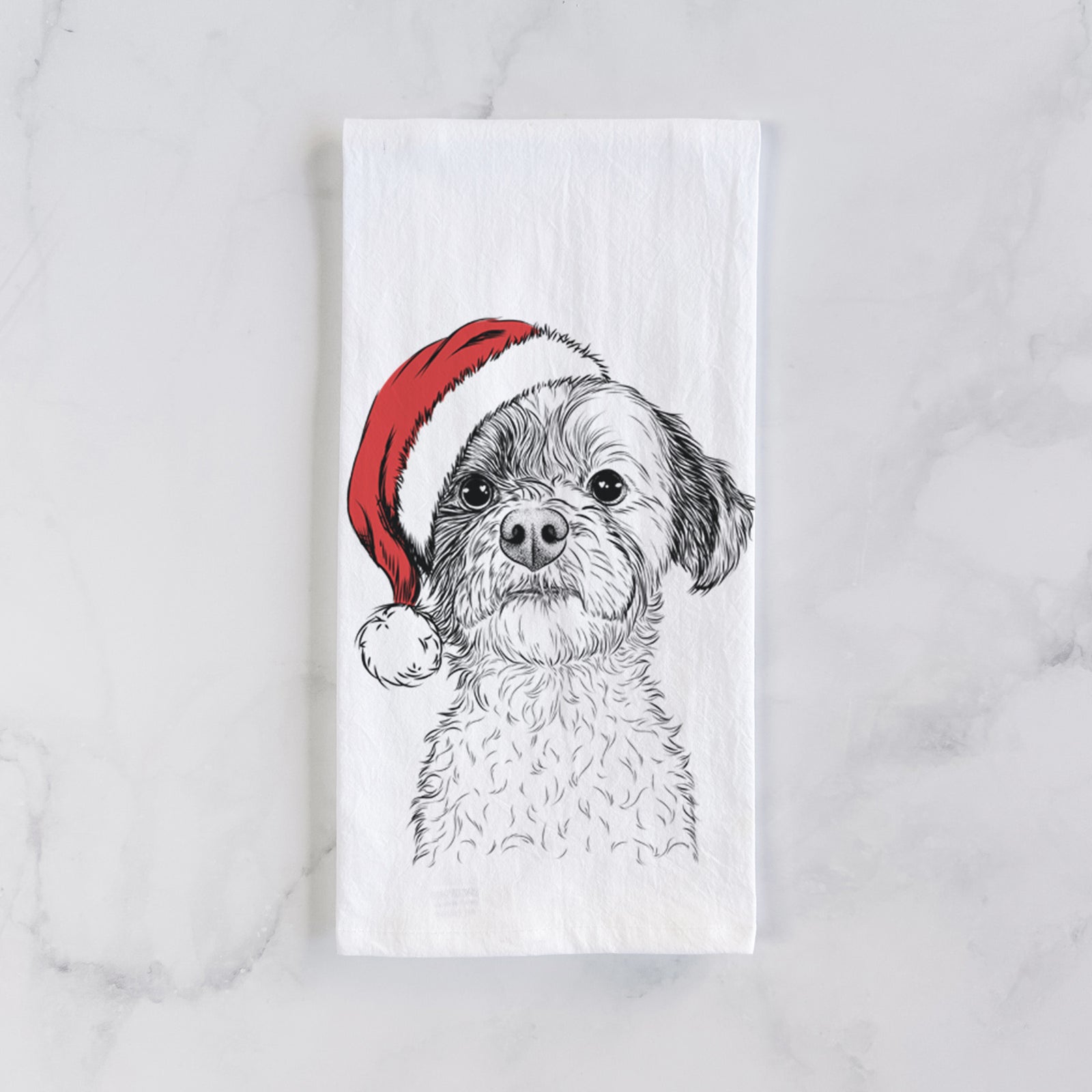 Hand-drawn sketch of Louise the Havanese wearing a Santa hat on a tea towel