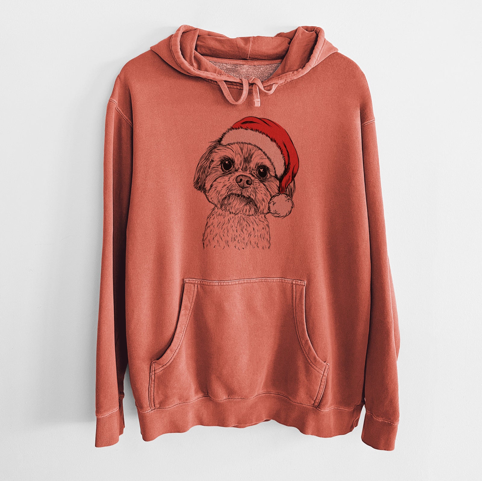 Hand-drawn sketch of Lucy the Shorkie wearing a Santa hat on an Amber Unisex pigment dyed hoodie