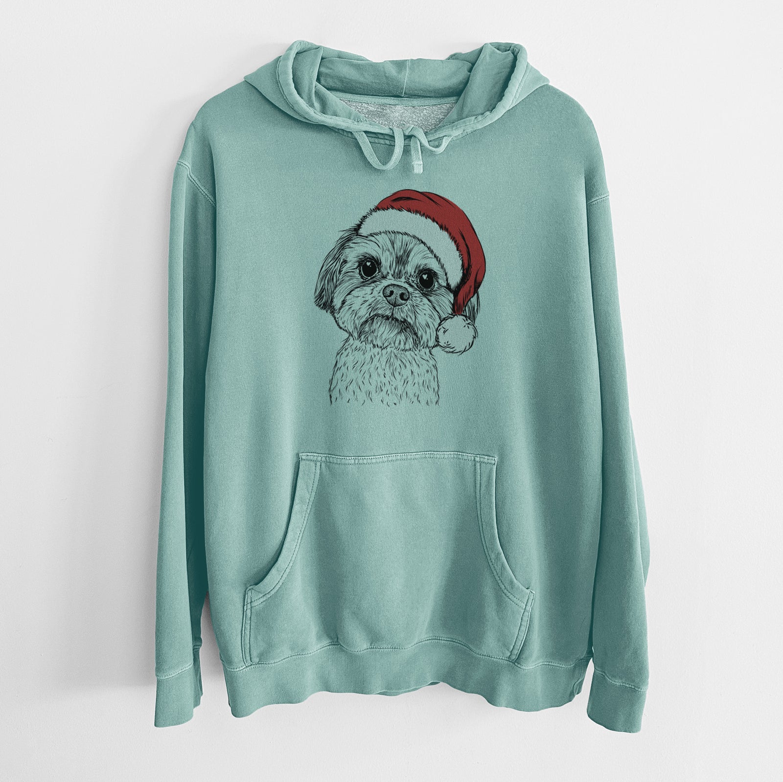 Hand-drawn sketch of Lucy the Shorkie wearing a Santa hat on a Mint Unisex pigment dyed hoodie