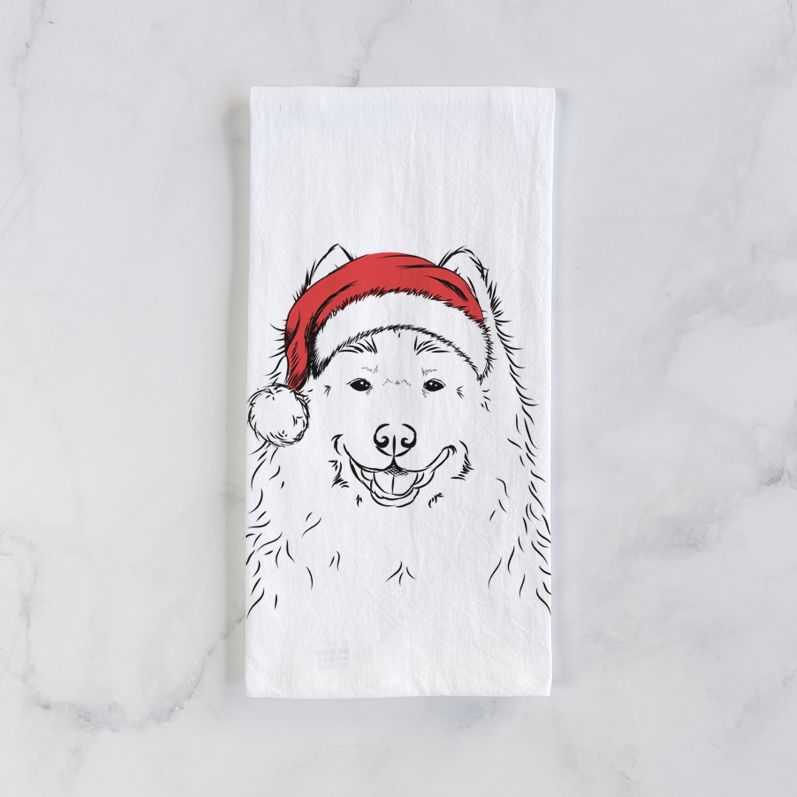 Hand-drawn sketch of Luka the Samoyed wearing a Santa hat on a tea towel