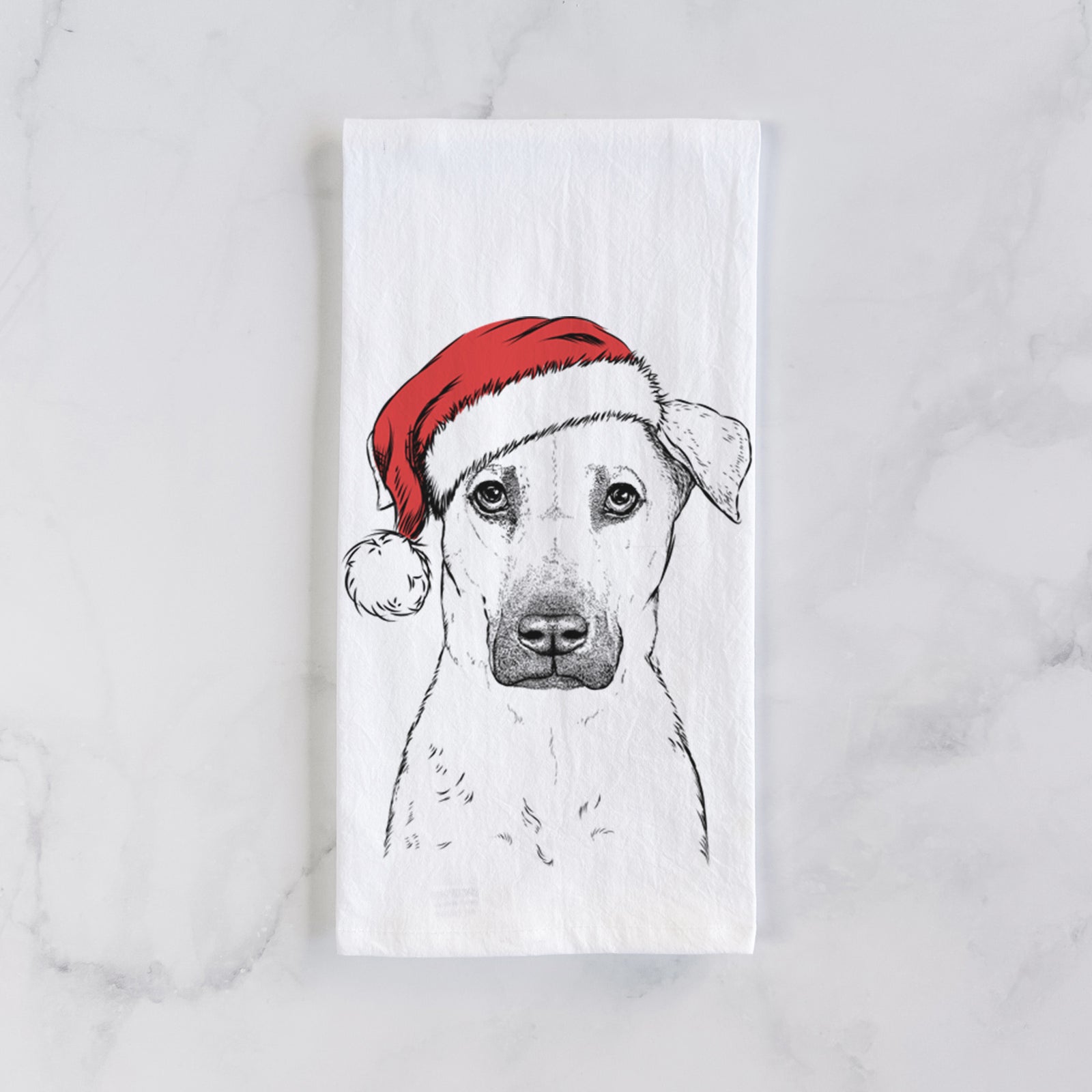 Hand-drawn sketch of Luna the Black Mouth Cur wearing a Santa hat on a tea towel