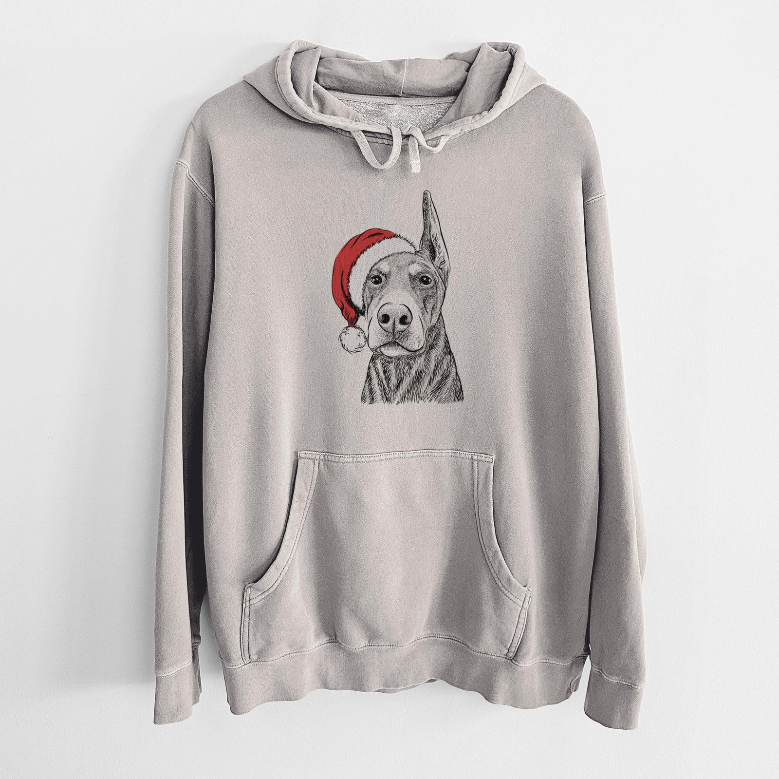 Hand-drawn sketch of Luna the Doberman Pinscher wearing a Santa hat on a Cement Unisex pigment dyed hoodie