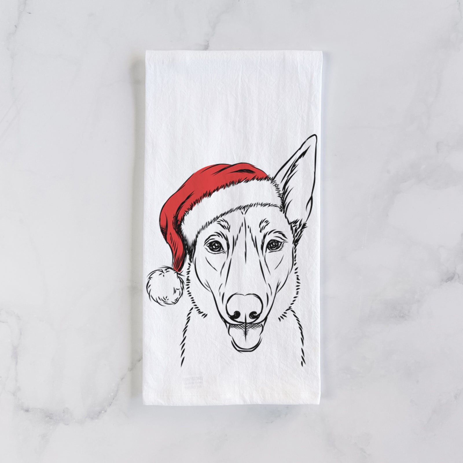 Hand-drawn sketch of Lyric the Belgian Malinois wearing a Santa hat on a tea towel