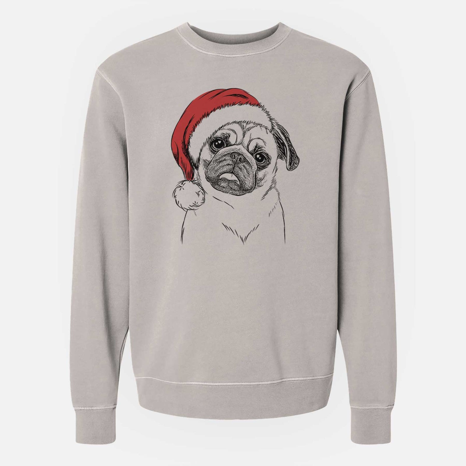 Hand-drawn sketch of Macy the Pug wearing a Santa hat on a Cement Unisex pigment dyed crew sweatshirt
