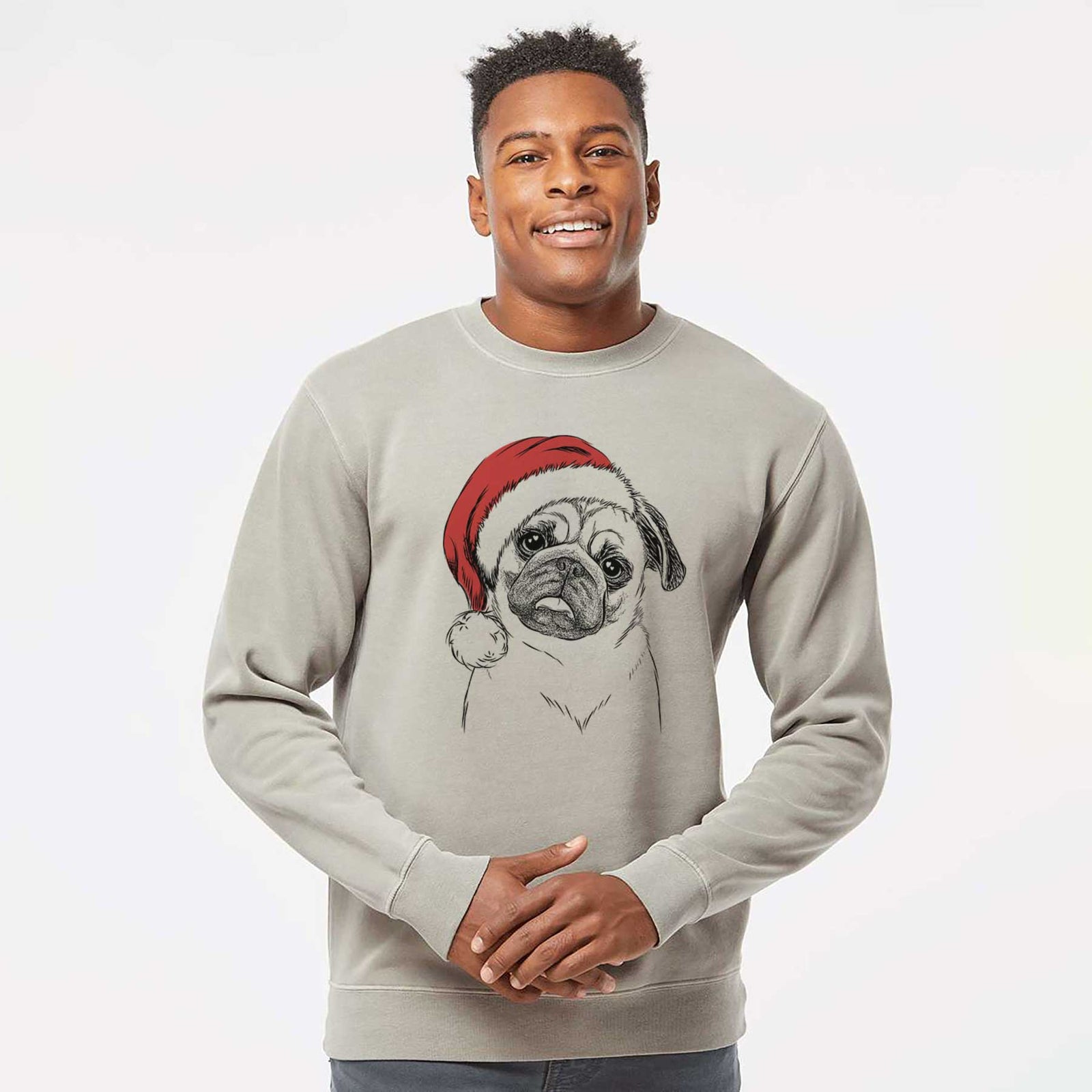 Hand-drawn sketch of Macy the Pug wearing a Santa hat on a Cement Unisex pigment dyed crew sweatshirt