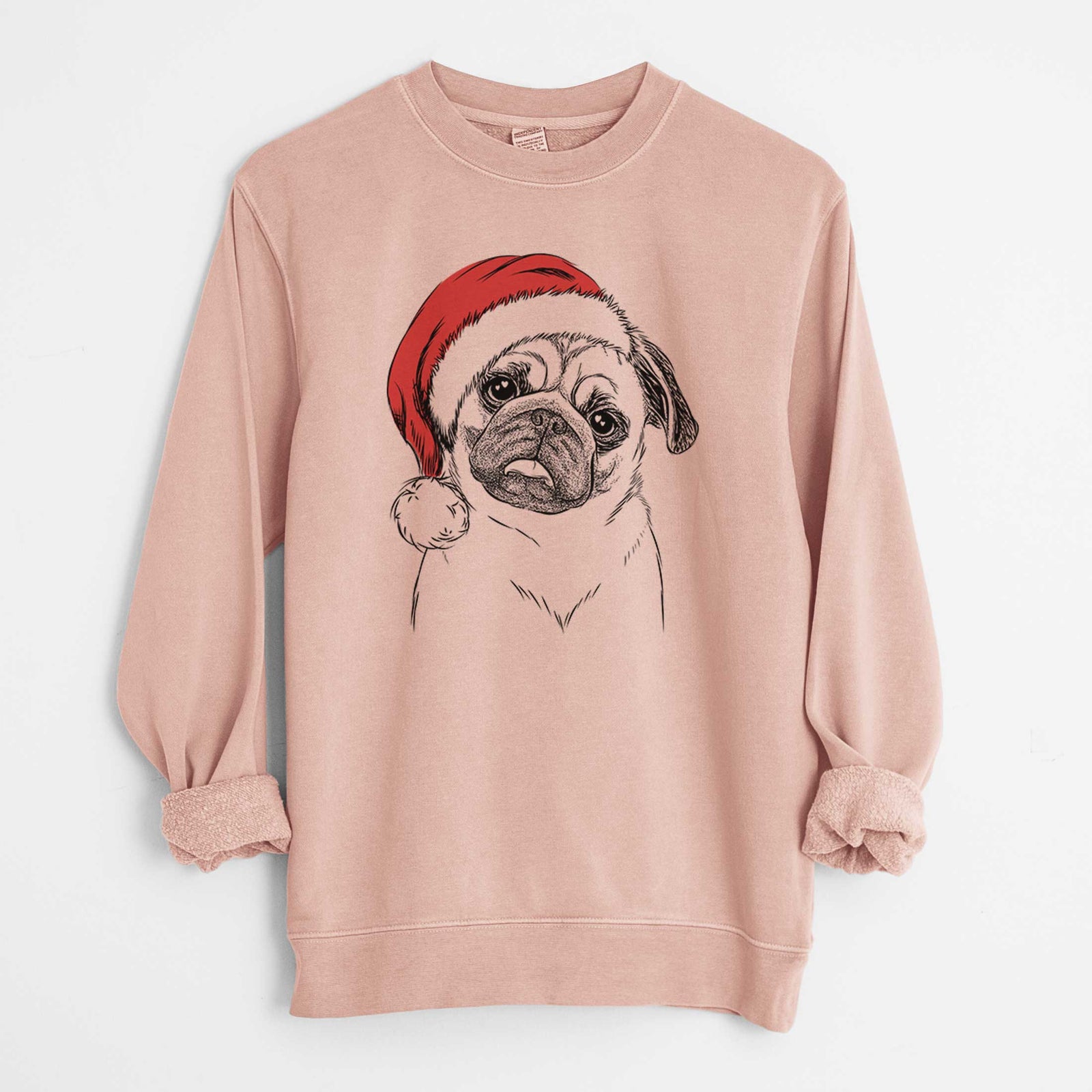 Hand-drawn sketch of Macy the Pug wearing a Santa hat on a Dusty Pink Unisex pigment dyed crew sweatshirt
