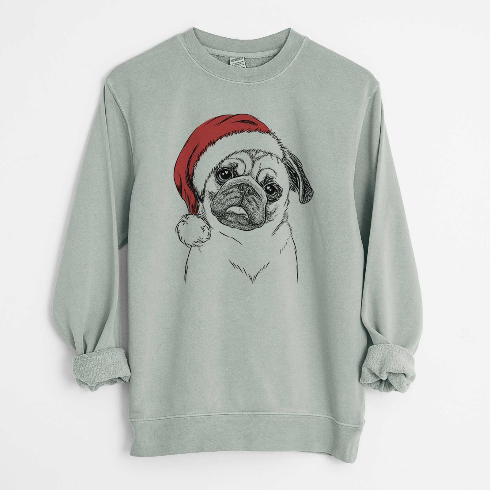 Hand-drawn sketch of Macy the Pug wearing a Santa hat on a Sage Unisex pigment dyed crew sweatshirt