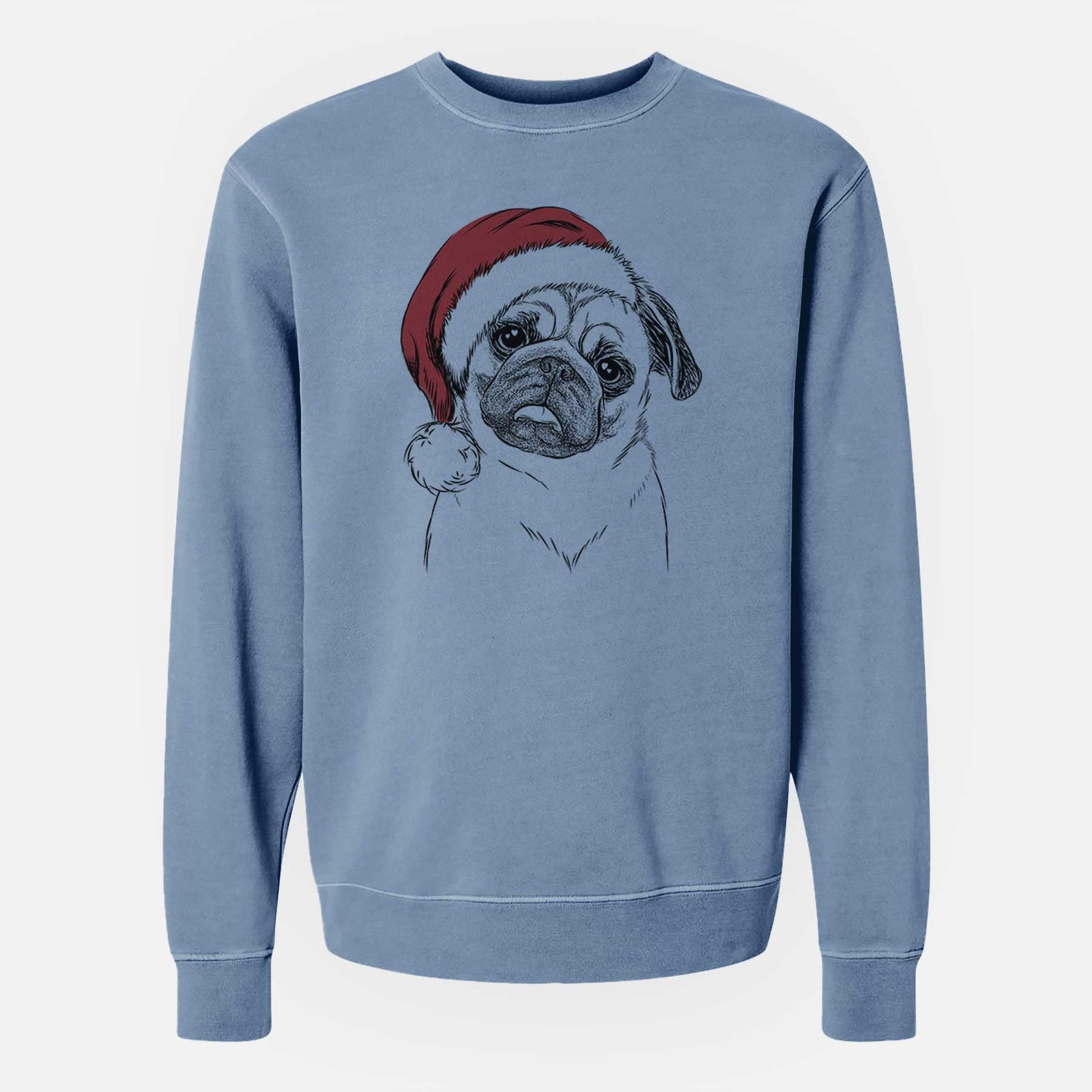 Hand-drawn sketch of Macy the Pug wearing a Santa hat on a Slate Blue Unisex pigment dyed crew sweatshirt