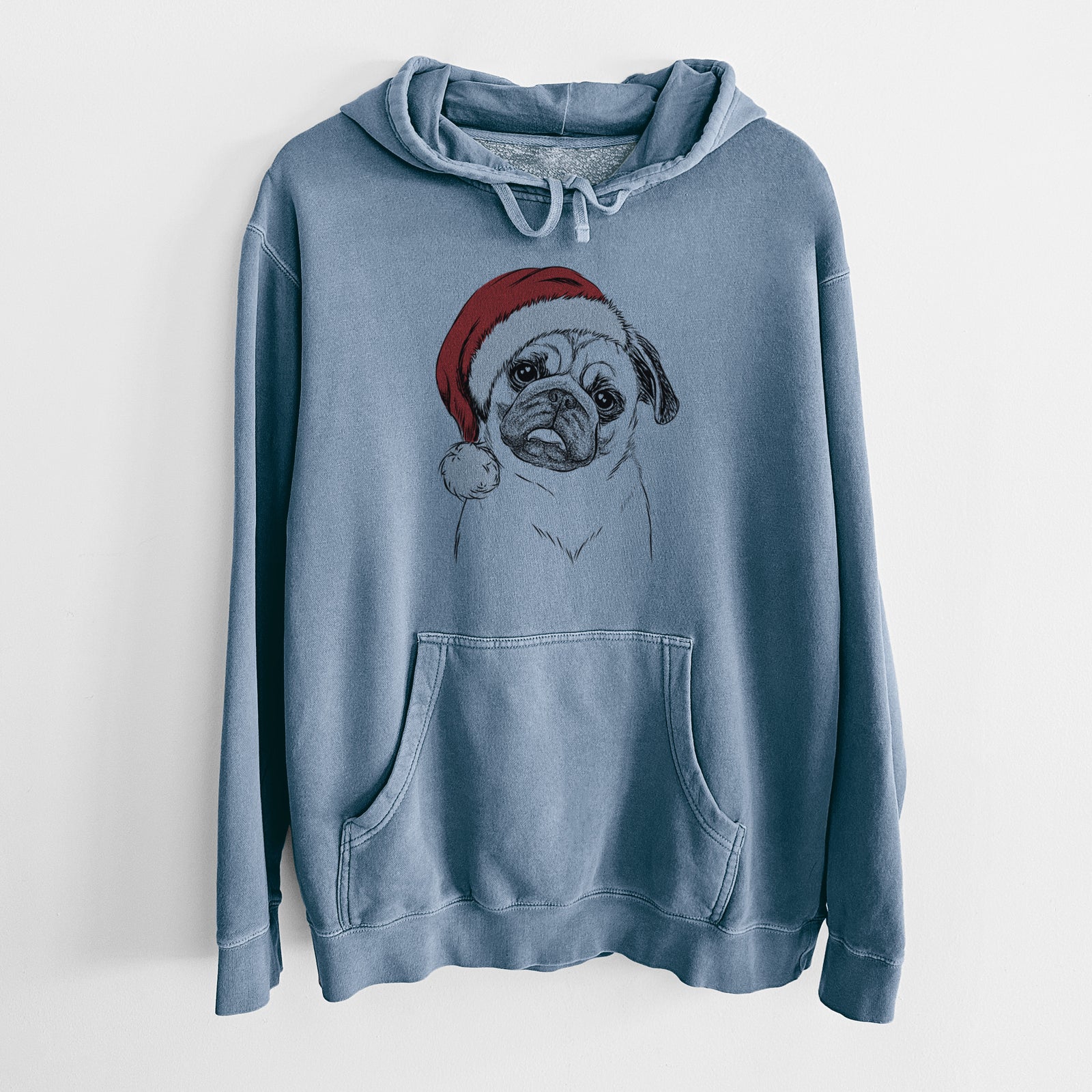 Hand-drawn sketch of Macy the Pug wearing a Santa hat on a Slate Blue Unisex pigment dyed hoodie