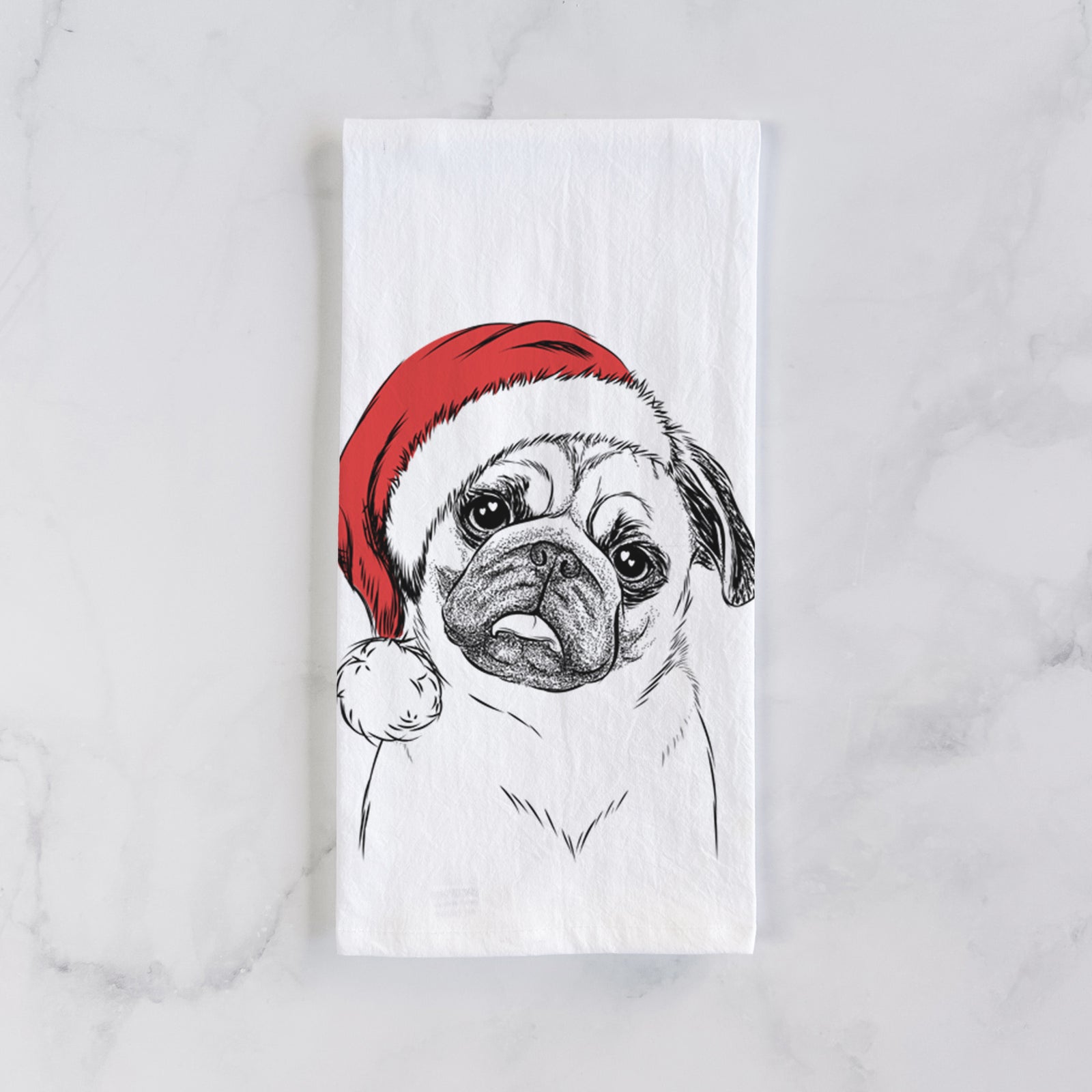 Hand-drawn sketch of Macy the Pug wearing a Santa hat on a tea towel
