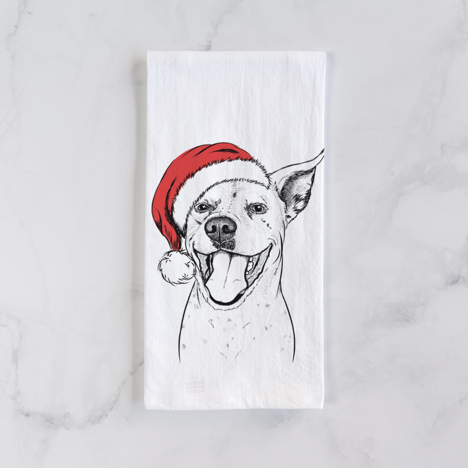 Hand-drawn sketch of Maddie the Dalmatian Pitbull Mix wearing a Santa hat on a tea towel