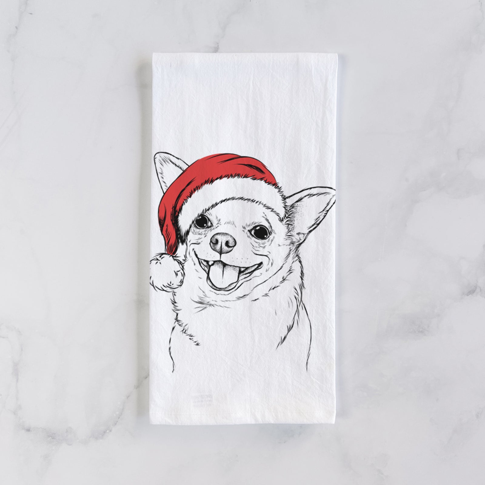 Hand-drawn sketch of Maddison Pearl the Chihuahua wearing a Santa hat on a tea towel