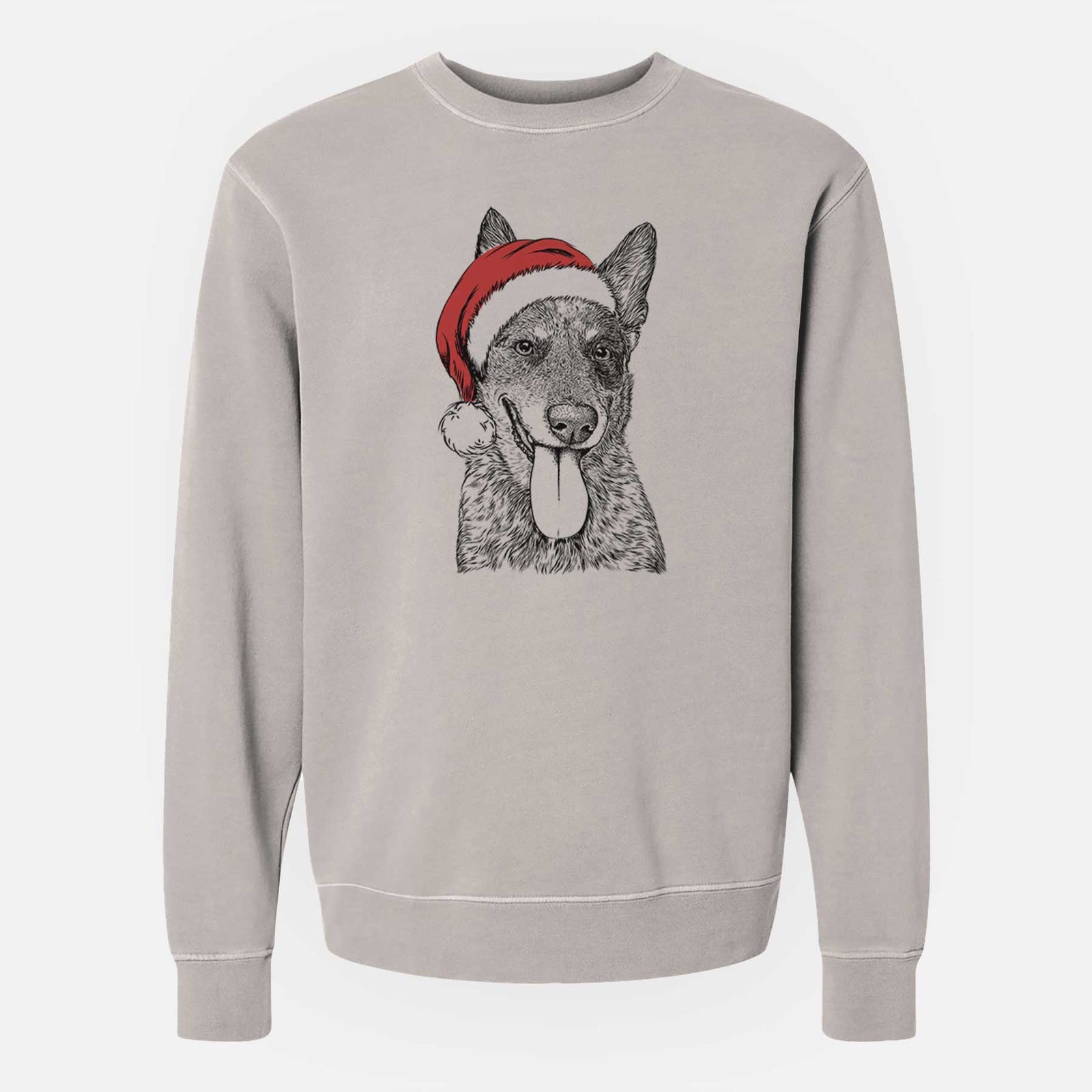 Hand-drawn sketch of Madison the Blue Heeler wearing a Santa hat on a Cement Unisex pigment dyed crew sweatshirt
