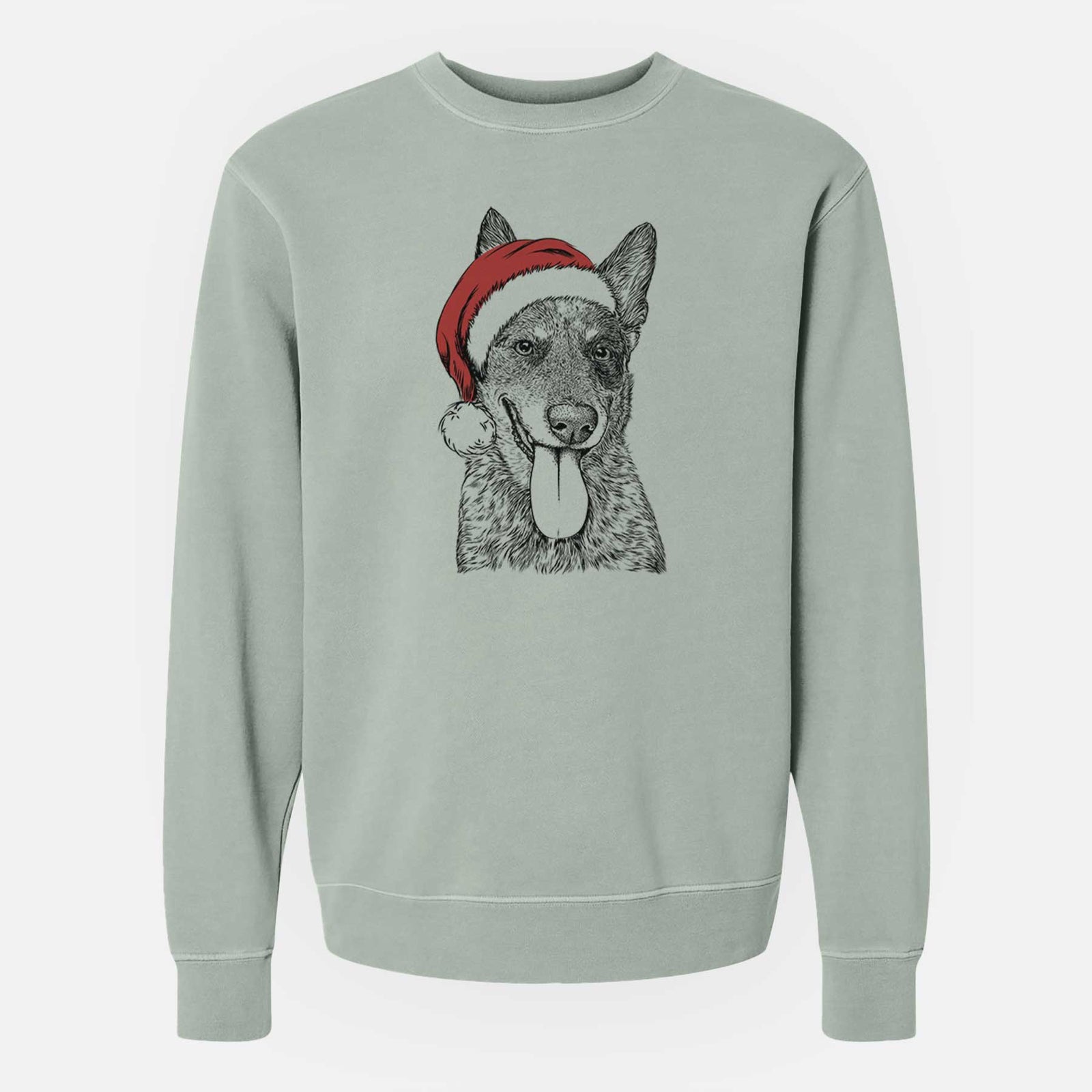 Hand-drawn sketch of Madison the Blue Heeler wearing a Santa hat on a Sage Unisex pigment dyed crew sweatshirt