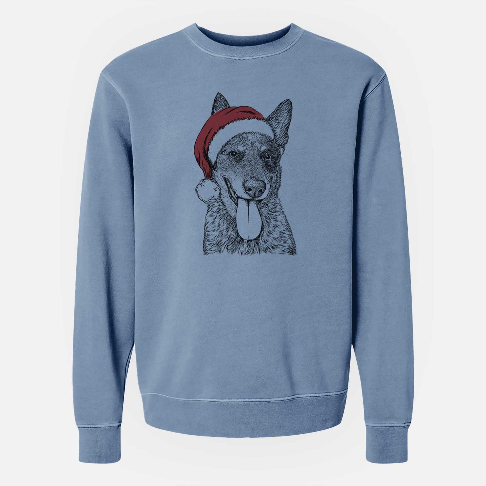 Hand-drawn sketch of Madison the Blue Heeler wearing a Santa hat on a Slate Blue Unisex pigment dyed crew sweatshirt