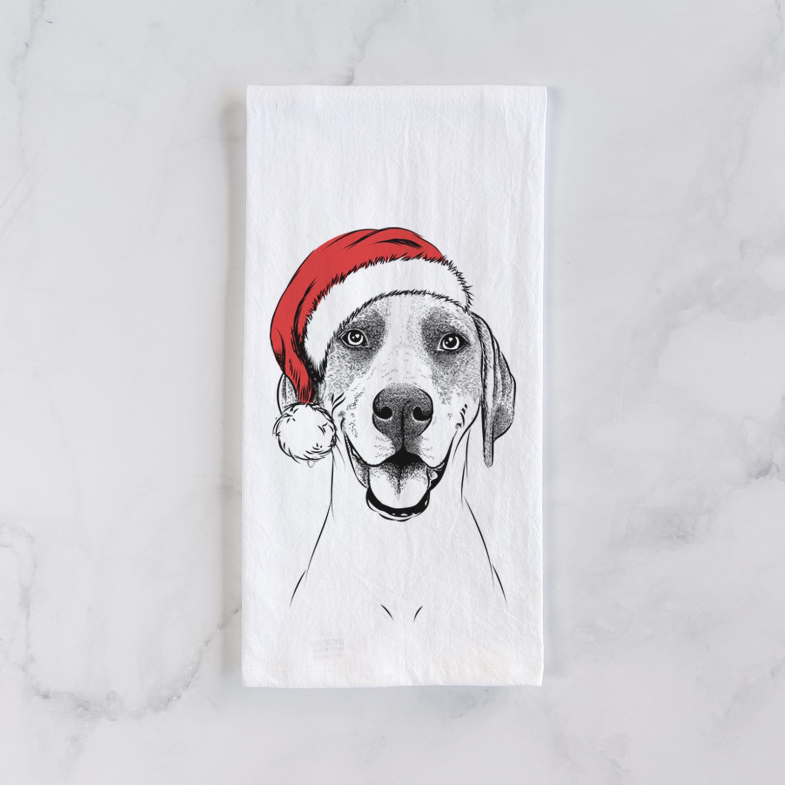 Hand-drawn sketch of Maggie the Treeing Walker Coonhound wearing a Santa hat on a tea towel