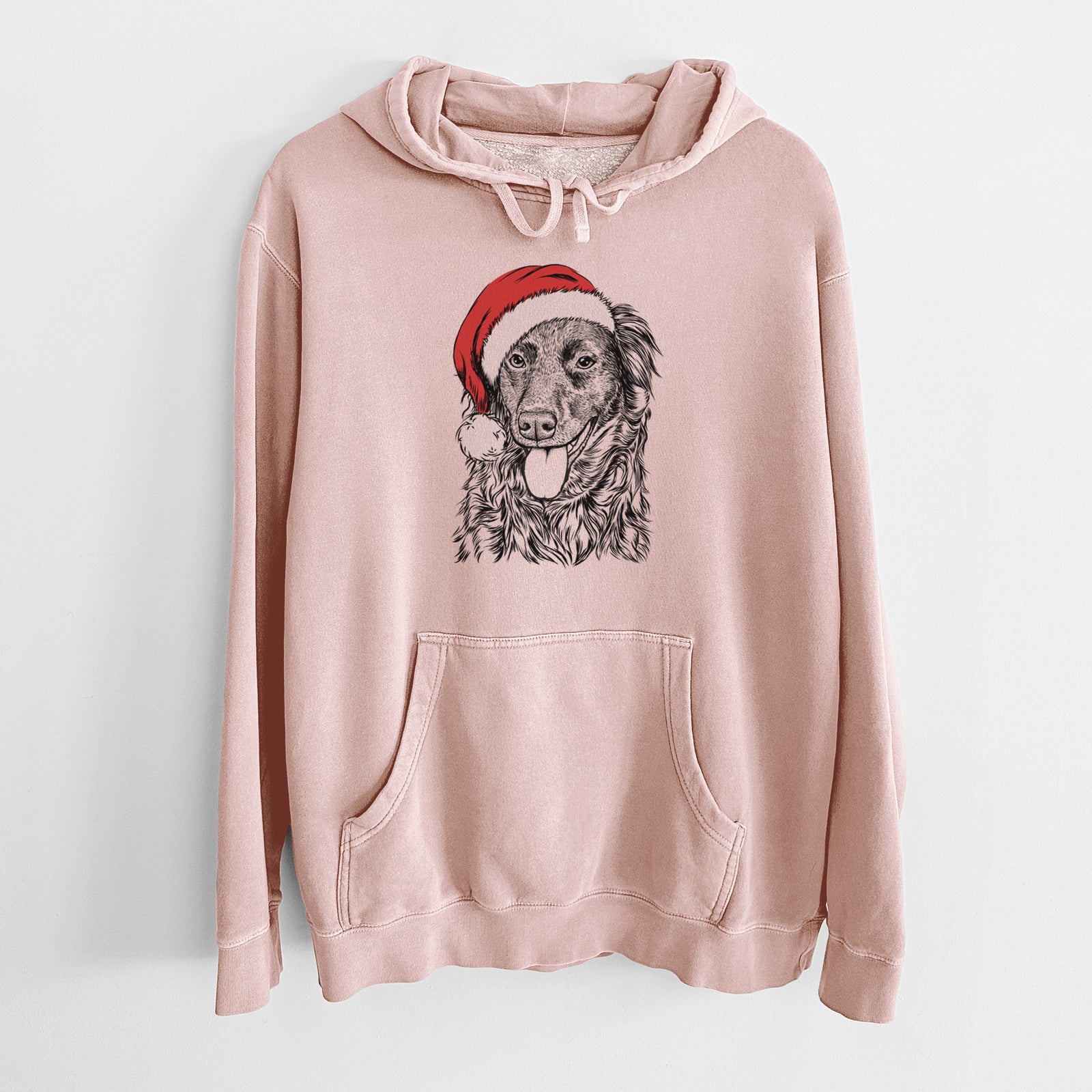 Hand-drawn sketch of Maisie Mae the Aussiedor wearing a Santa hat on a Dusty Pink Unisex pigment dyed hoodie