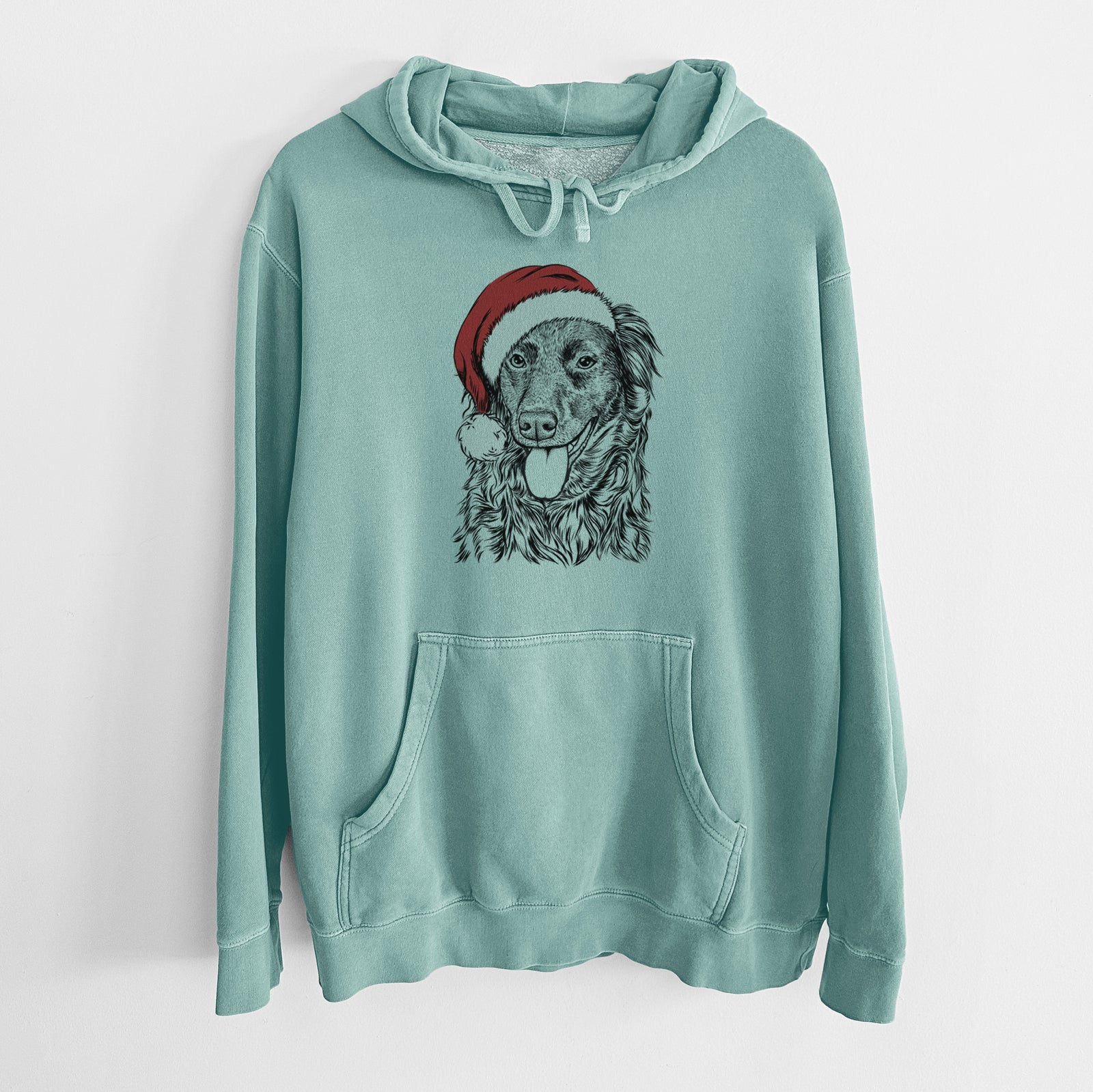 Hand-drawn sketch of Maisie Mae the Aussiedor wearing a Santa hat on a Mint Unisex pigment dyed hoodie