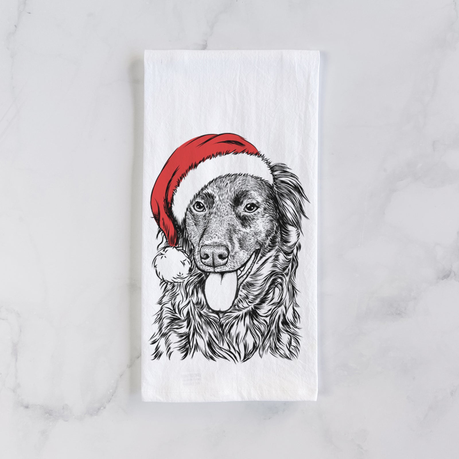 Hand-drawn sketch of Maisie Mae the Aussiedor wearing a Santa hat on a tea towel