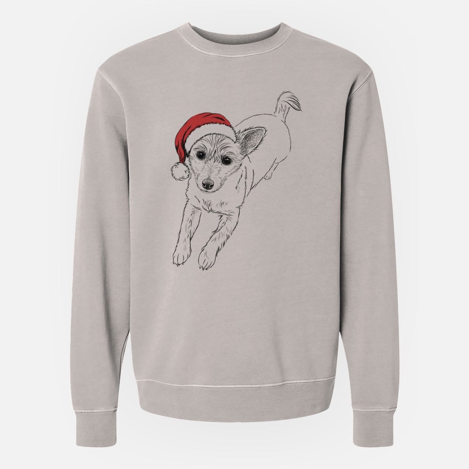 Hand-drawn sketch of Maisie the Terrier Mix wearing a Santa hat on a Cement Unisex pigment dyed crew sweatshirt