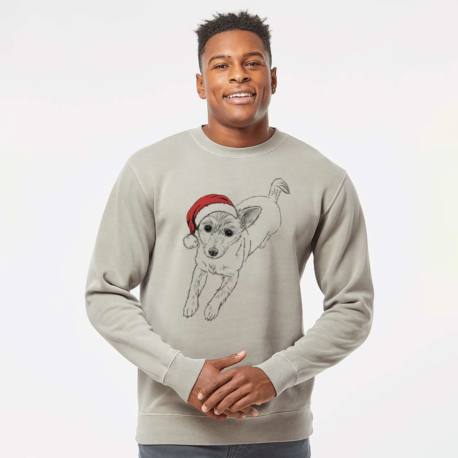 Hand-drawn sketch of Maisie the Terrier Mix wearing a Santa hat on a Cement Unisex pigment dyed crew sweatshirt