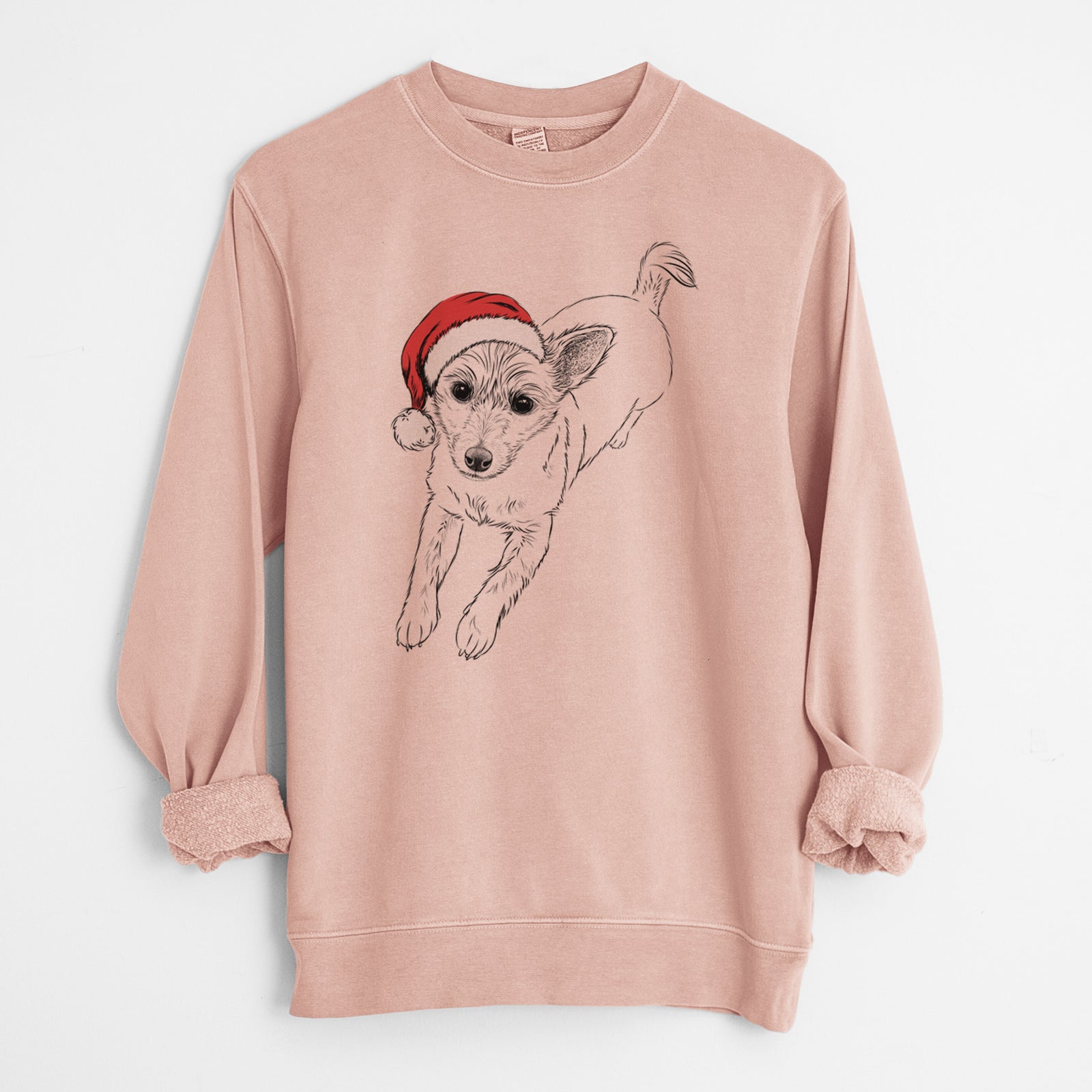 Hand-drawn sketch of Maisie the Terrier Mix wearing a Santa hat on a Dusty Pink Unisex pigment dyed crew sweatshirt