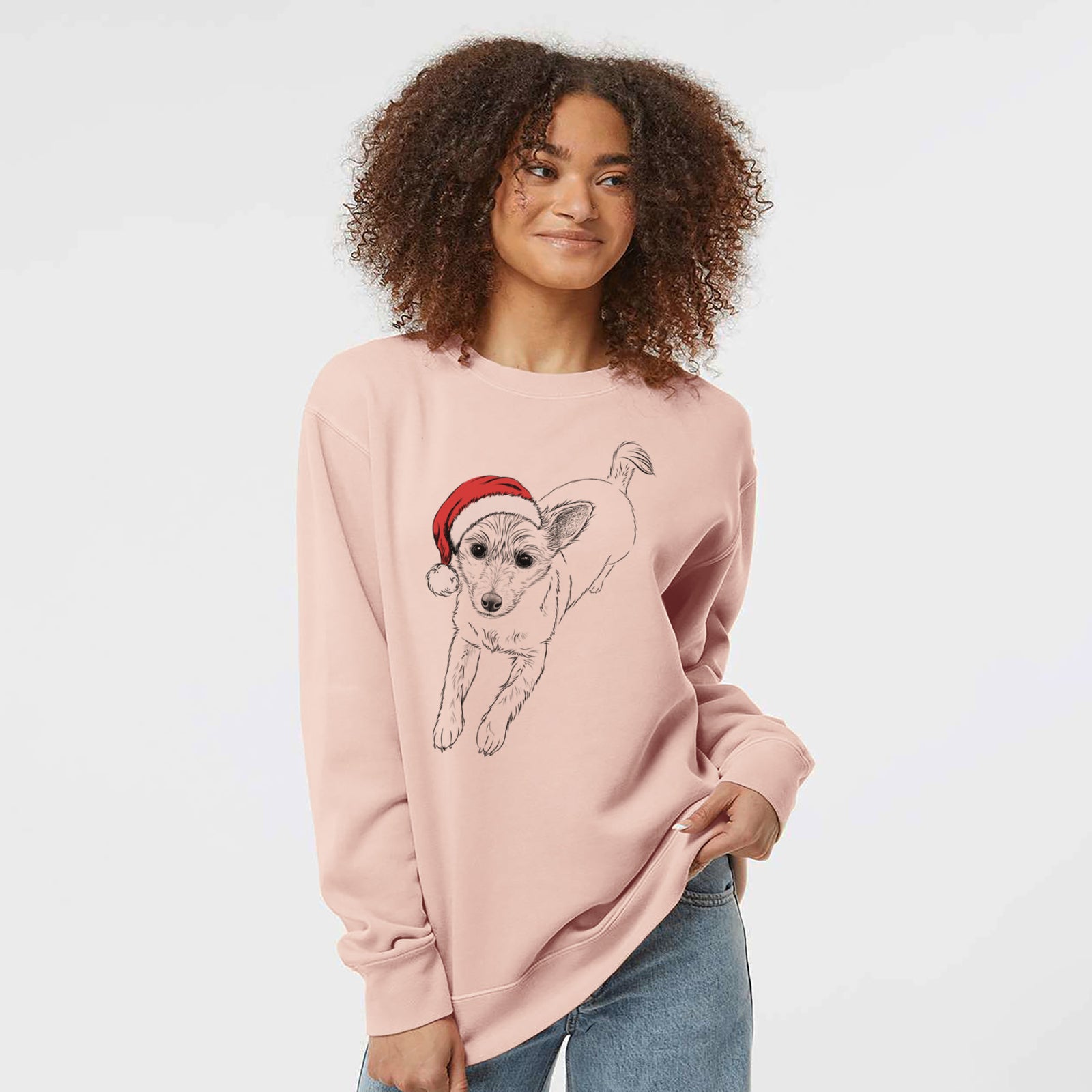 Hand-drawn sketch of Maisie the Terrier Mix wearing a Santa hat on a Dusty Pink Unisex pigment dyed crew sweatshirt