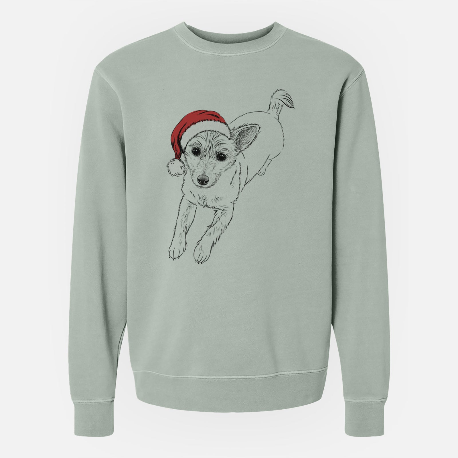 Hand-drawn sketch of Maisie the Terrier Mix wearing a Santa hat on a Sage Unisex pigment dyed crew sweatshirt