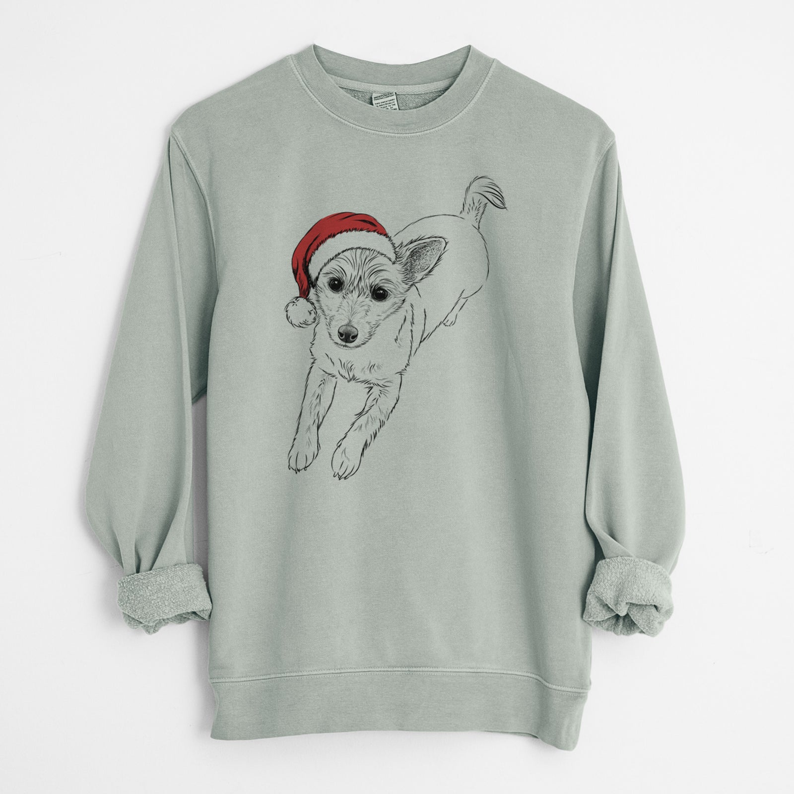 Hand-drawn sketch of Maisie the Terrier Mix wearing a Santa hat on a Sage Unisex pigment dyed crew sweatshirt