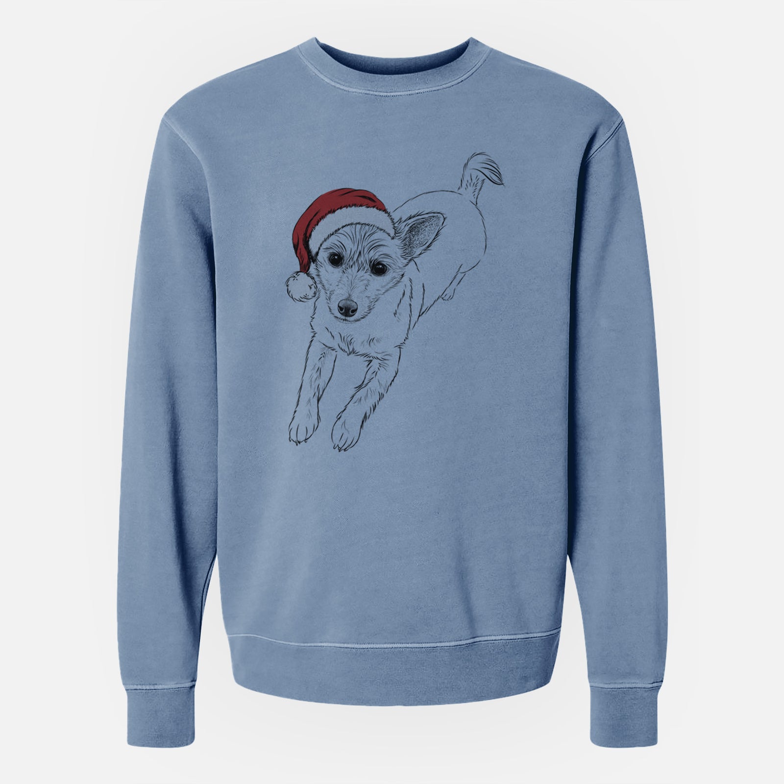 Hand-drawn sketch of Maisie the Terrier Mix wearing a Santa hat on a Slate Blue Unisex pigment dyed crew sweatshirt
