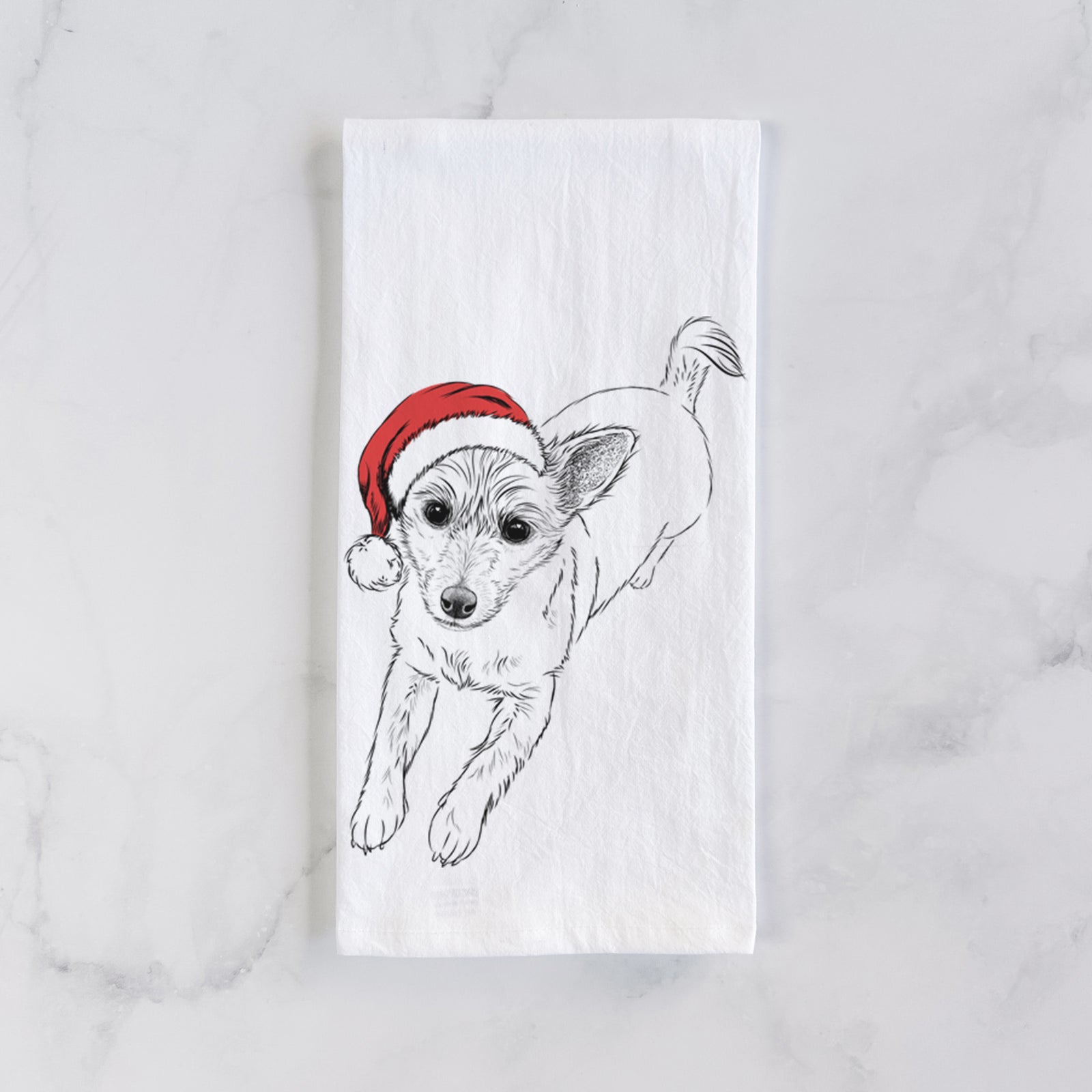 Hand-drawn sketch of Maisie the Terrier Mix wearing a Santa hat on a tea towel
