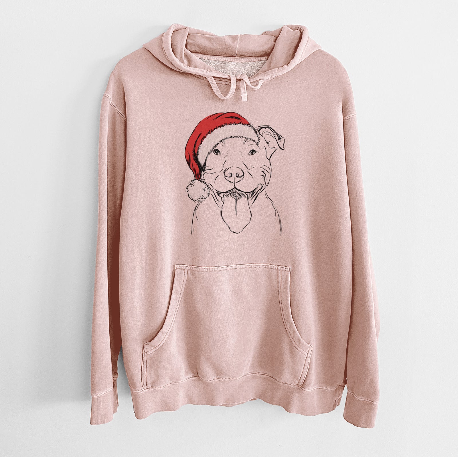 Hand-drawn sketch of Major the Pitbull wearing a Santa hat on a Dusty Pink Unisex pigment dyed hoodie