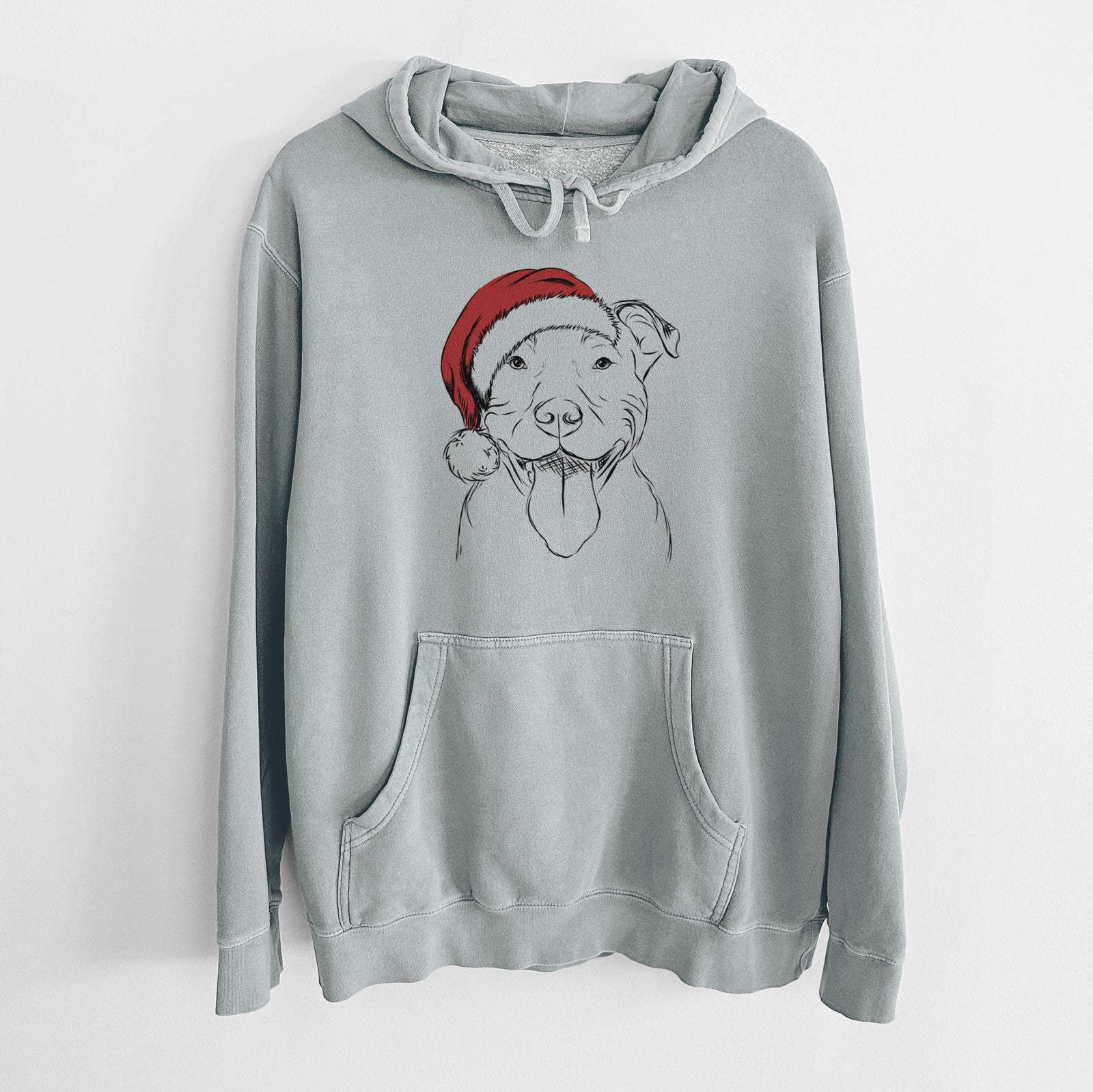 Hand-drawn sketch of Major the Pitbull wearing a Santa hat on a Sage Unisex pigment dyed hoodie