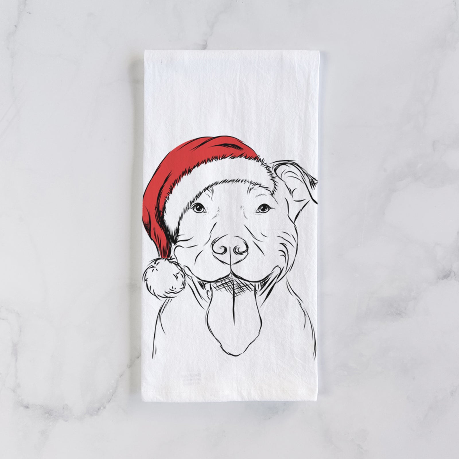 Hand-drawn sketch of Major the Pitbull wearing a Santa hat on a tea towel