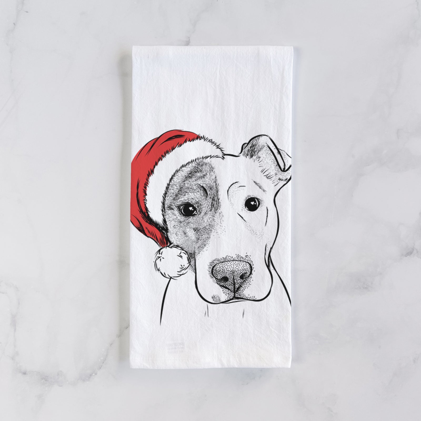 Hand-drawn sketch of Manchi the Pitbull Mix wearing a Santa hat on a tea towel