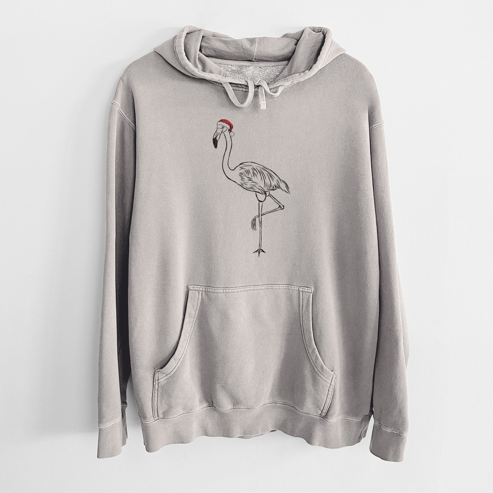 Hand-drawn sketch of Mango the Flamingo wearing a Santa hat on a Cement Unisex pigment dyed hoodie