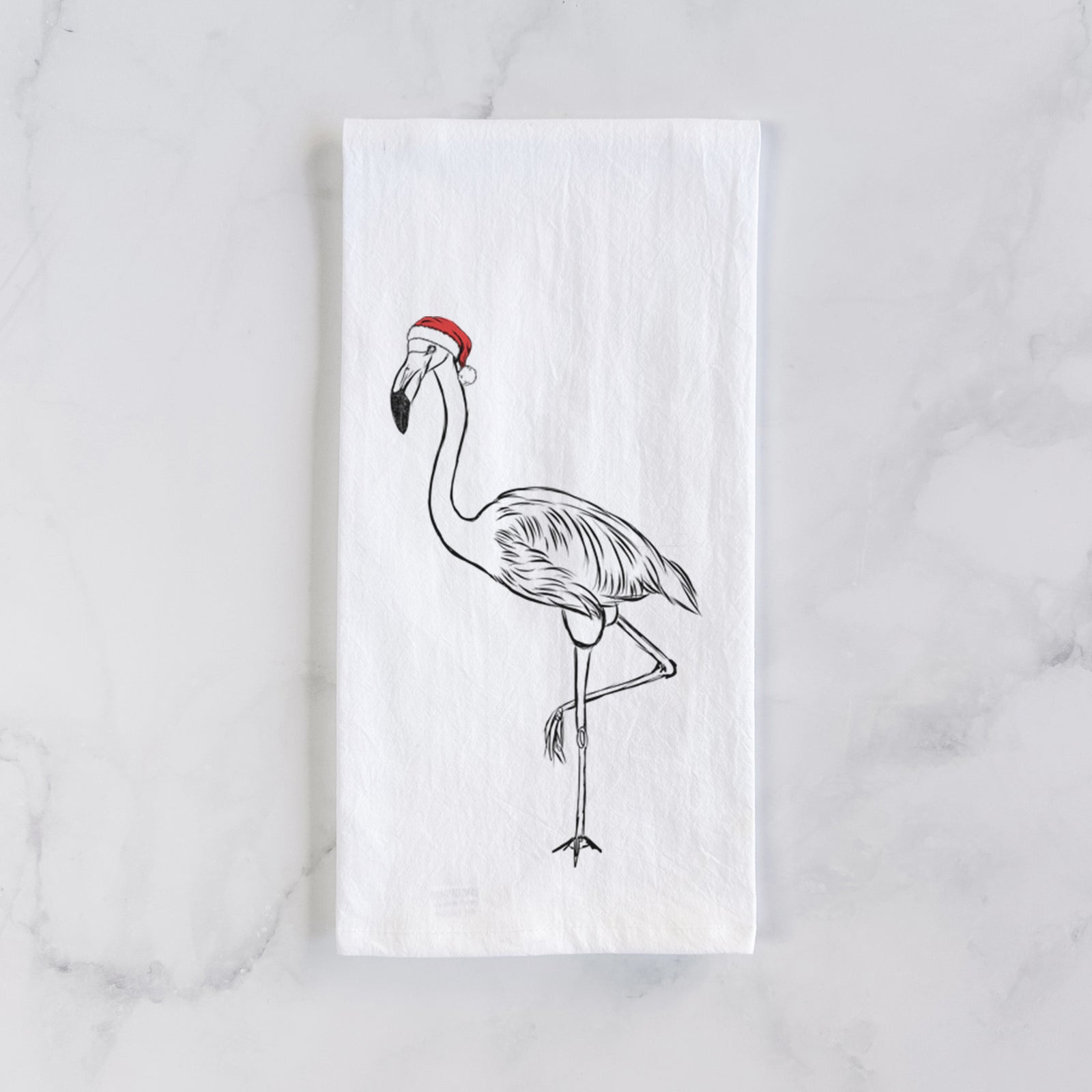 Hand-drawn sketch of Mango the Flamingo wearing a Santa hat on a tea towel