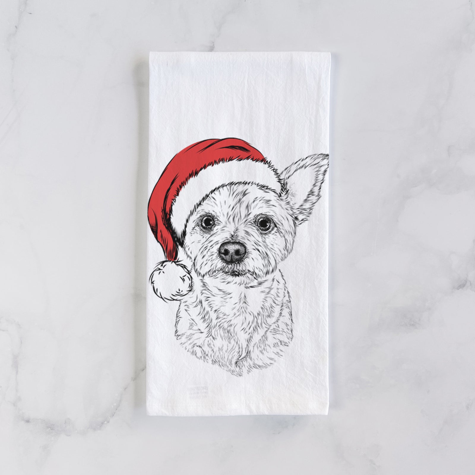 Hand-drawn sketch of Mango the Yorker Cairn Terrier Mix wearing a Santa hat on a tea towel