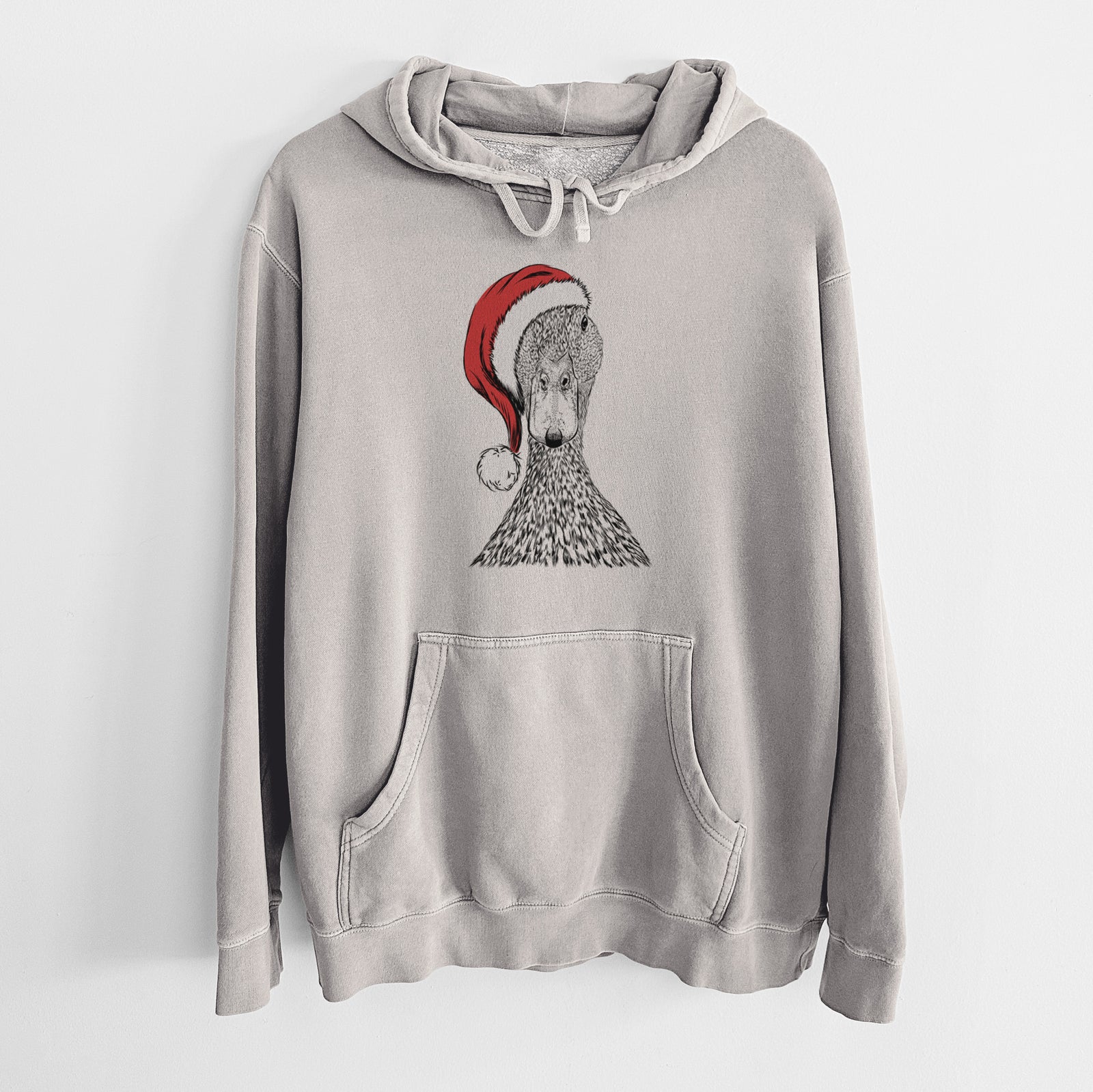 Hand-drawn sketch of Marge the Mallard Duck wearing a Santa hat on a Cement Unisex pigment dyed hoodie