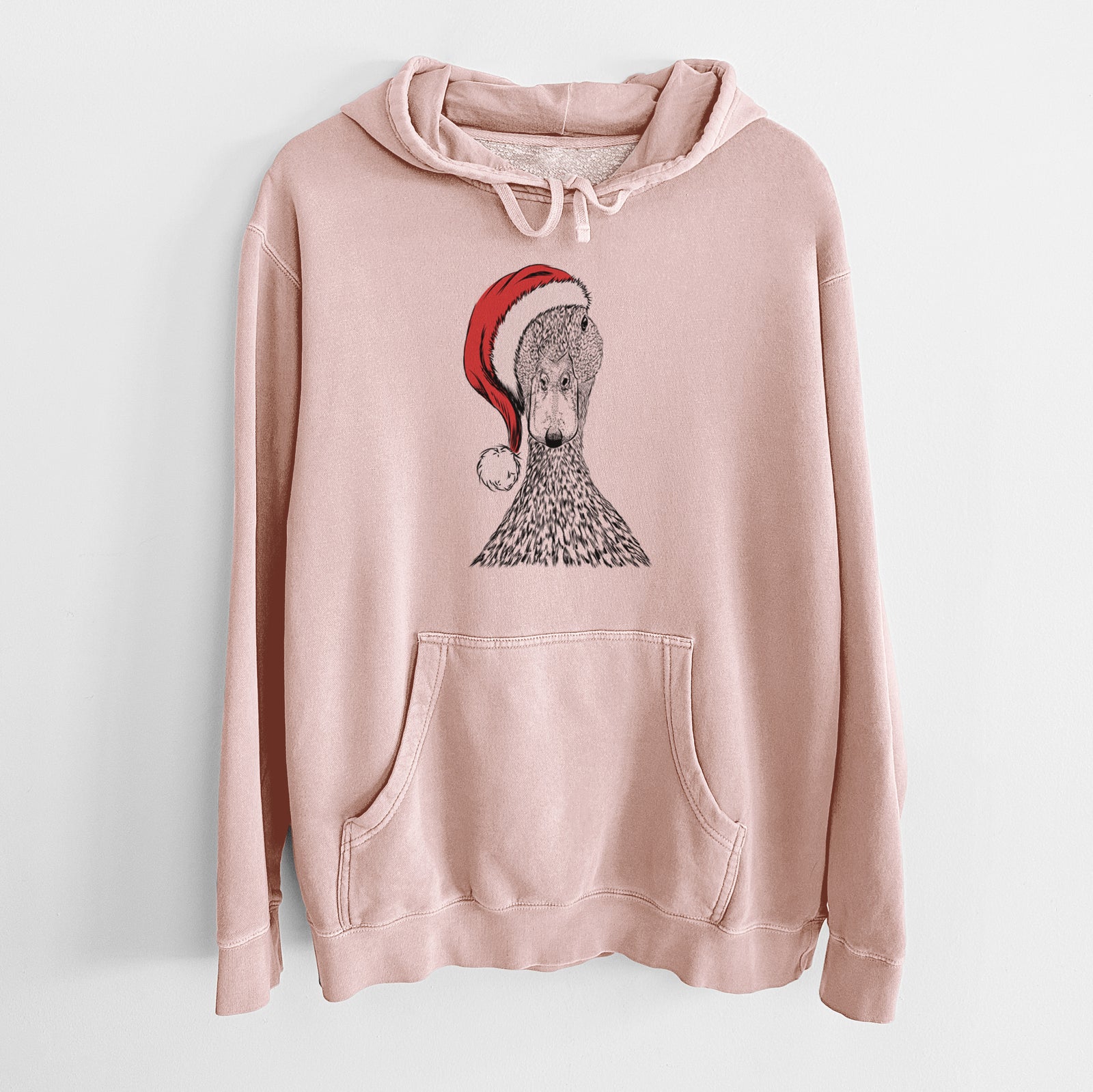 Hand-drawn sketch of Marge the Mallard Duck wearing a Santa hat on a Dusty Pink Unisex pigment dyed hoodie