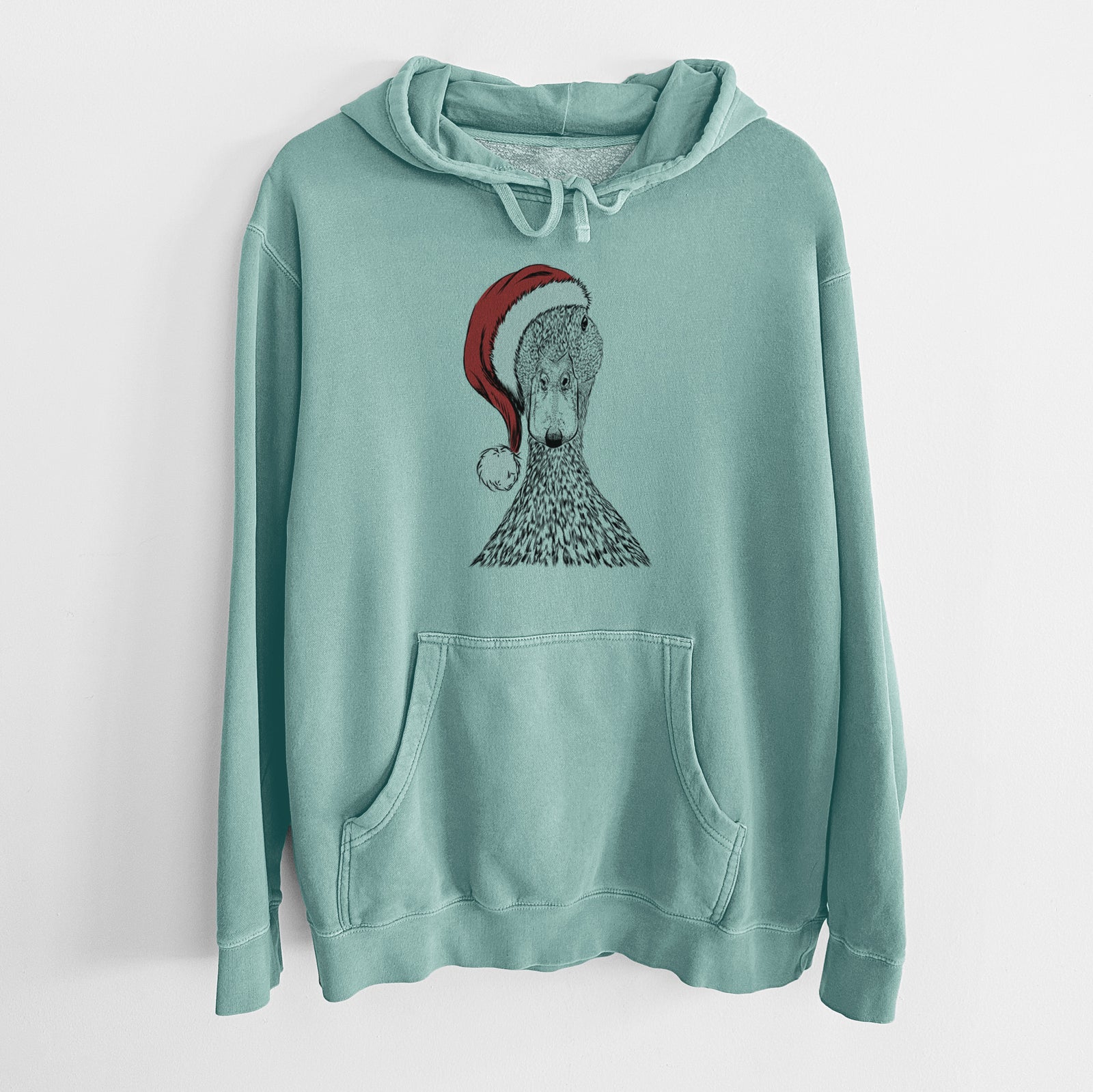Hand-drawn sketch of Marge the Mallard Duck wearing a Santa hat on a Mint Unisex pigment dyed hoodie