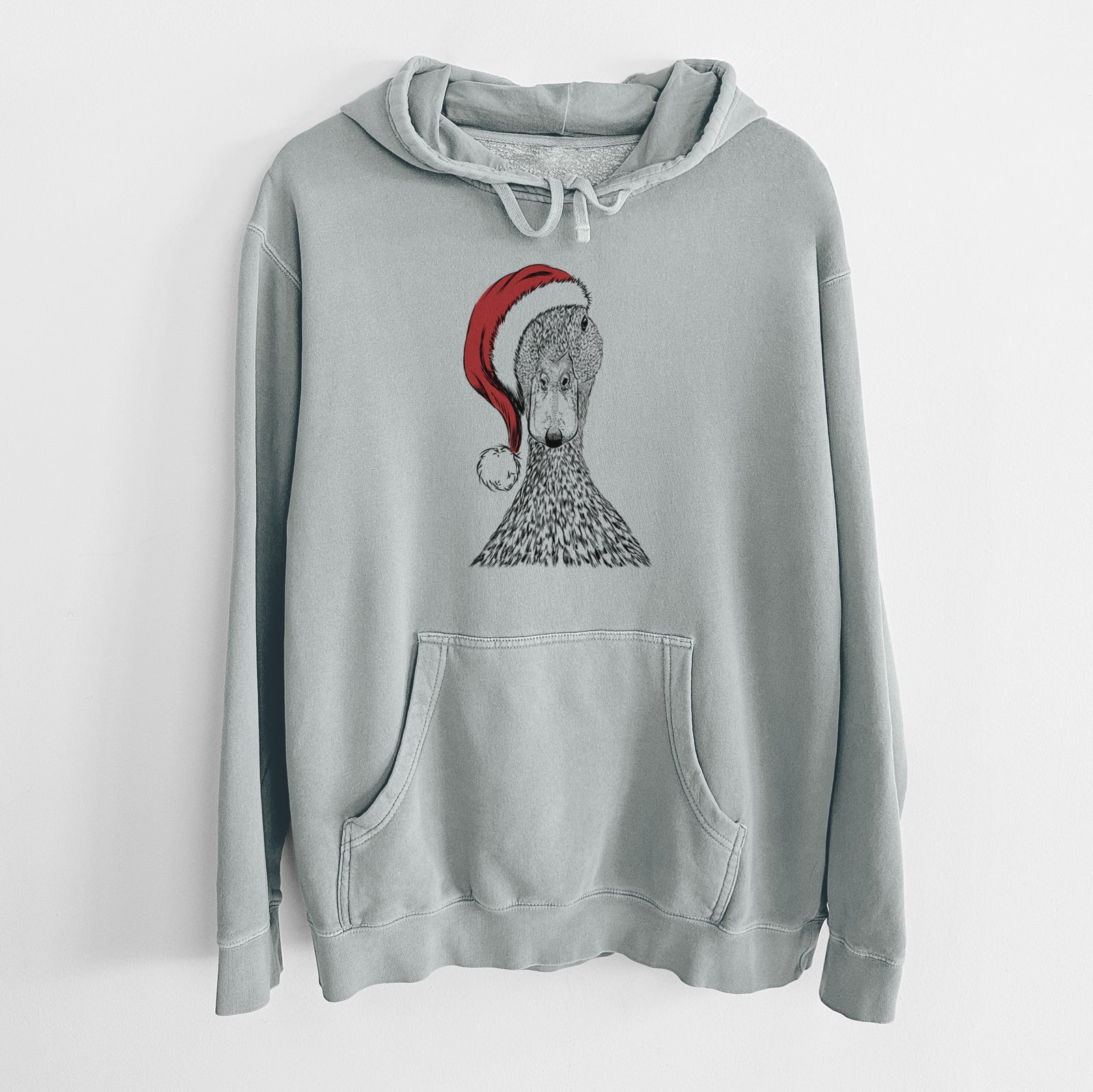 Hand-drawn sketch of Marge the Mallard Duck wearing a Santa hat on a Sage Unisex pigment dyed hoodie