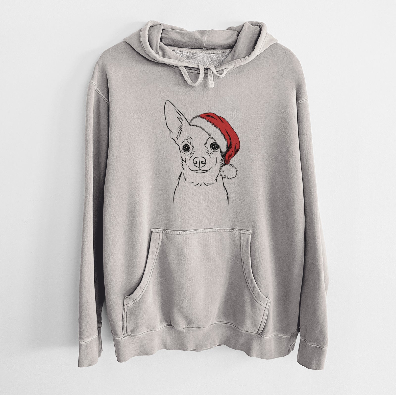 Hand-drawn sketch of Martini the Chihuahua wearing a Santa hat on a Cement Unisex pigment dyed hoodie